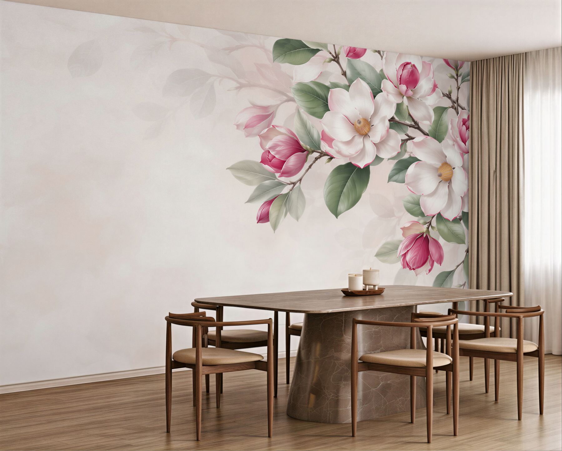 Fototapeta białe i różowe magnolie z zielonymi liśćmi elegancka?v23