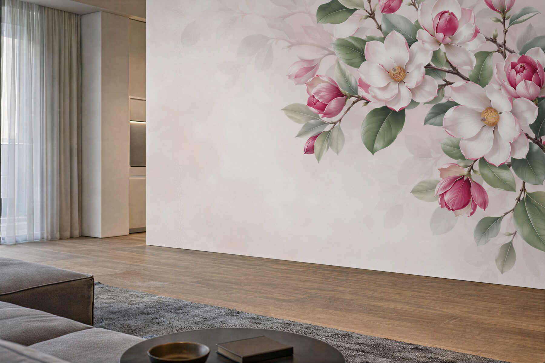 Fototapeta białe i różowe magnolie z zielonymi liśćmi elegancka?v23