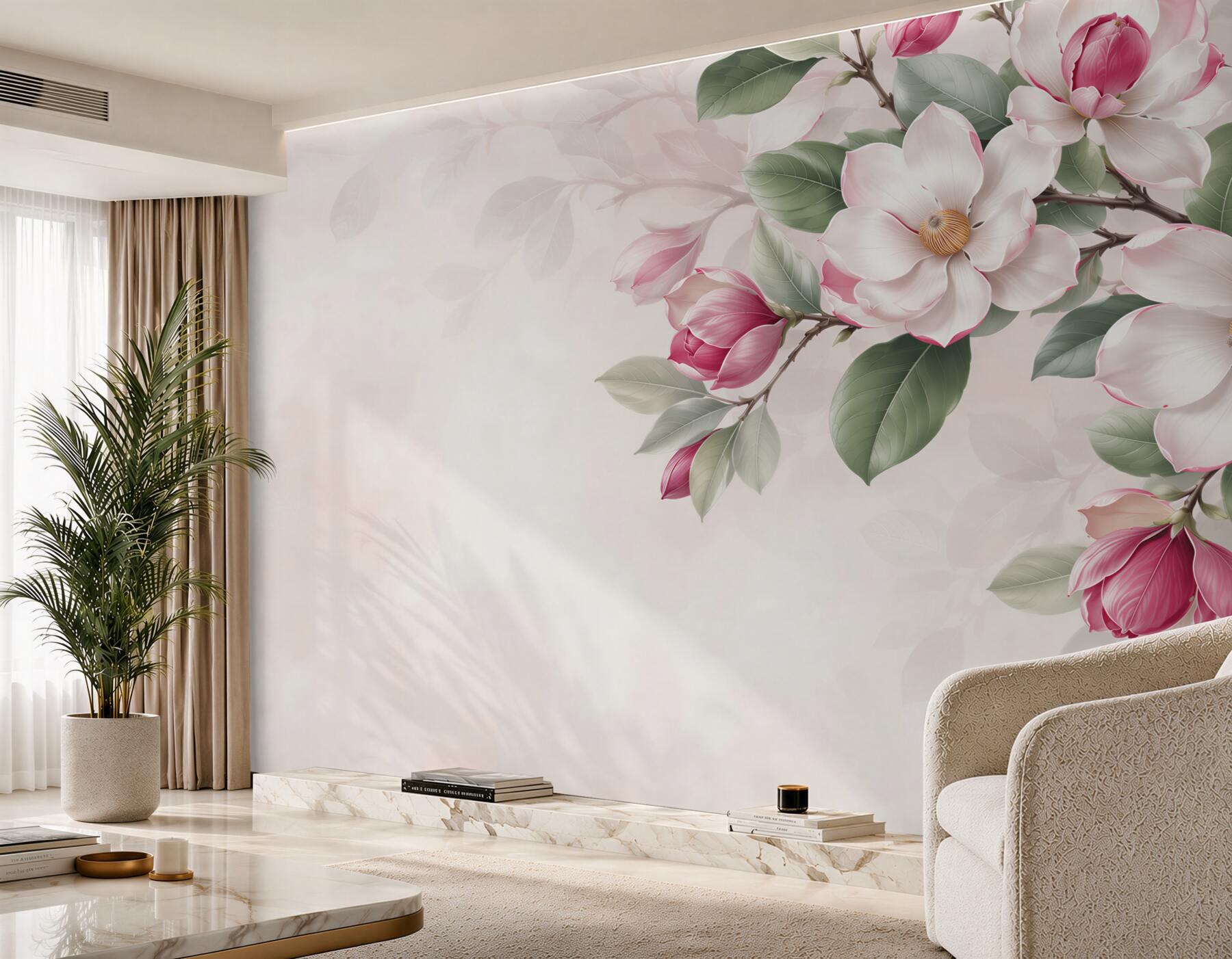 Fototapeta białe i różowe magnolie z zielonymi liśćmi elegancka?v23