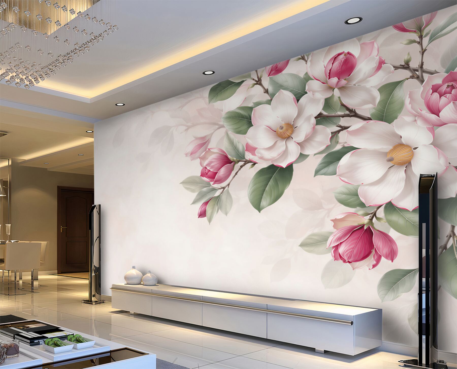 Fototapeta białe i różowe magnolie z zielonymi liśćmi elegancka?v23