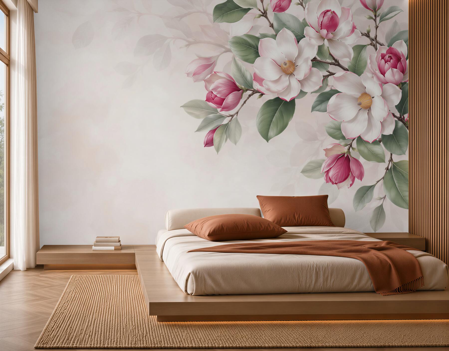 Fototapeta białe i różowe magnolie z zielonymi liśćmi elegancka?v23