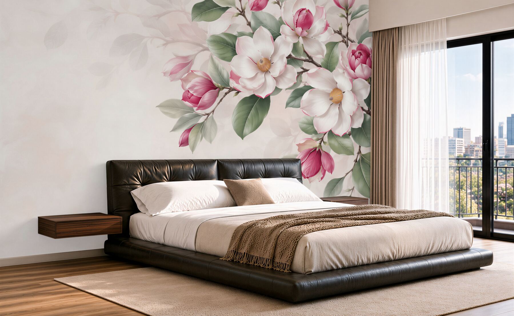 Fototapeta białe i różowe magnolie z zielonymi liśćmi elegancka?v23