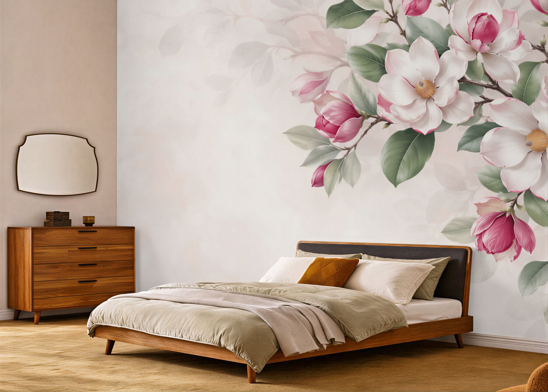 Fototapeta białe i różowe magnolie z zielonymi liśćmi elegancka?v23