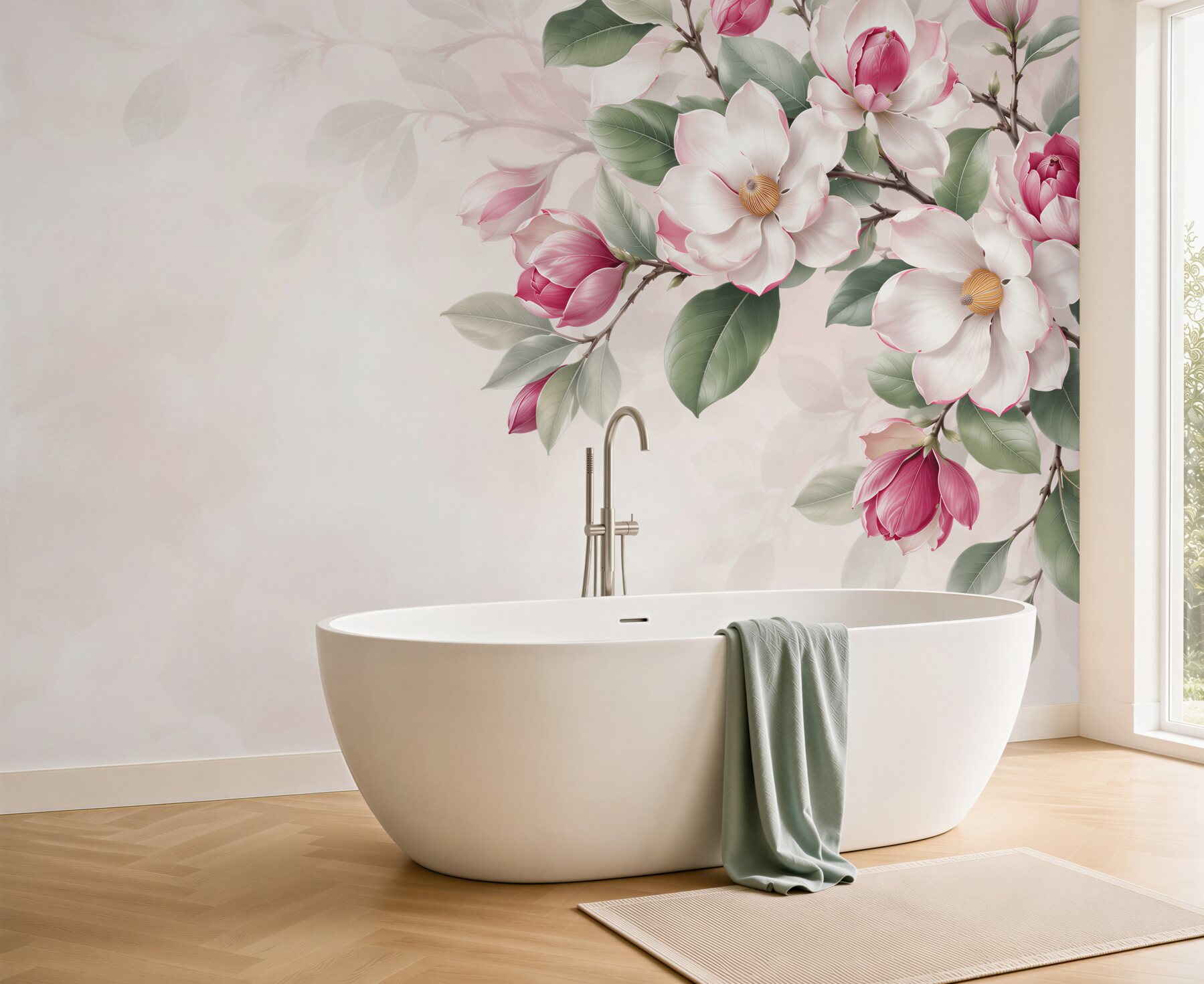 Fototapeta białe i różowe magnolie z zielonymi liśćmi elegancka?v23