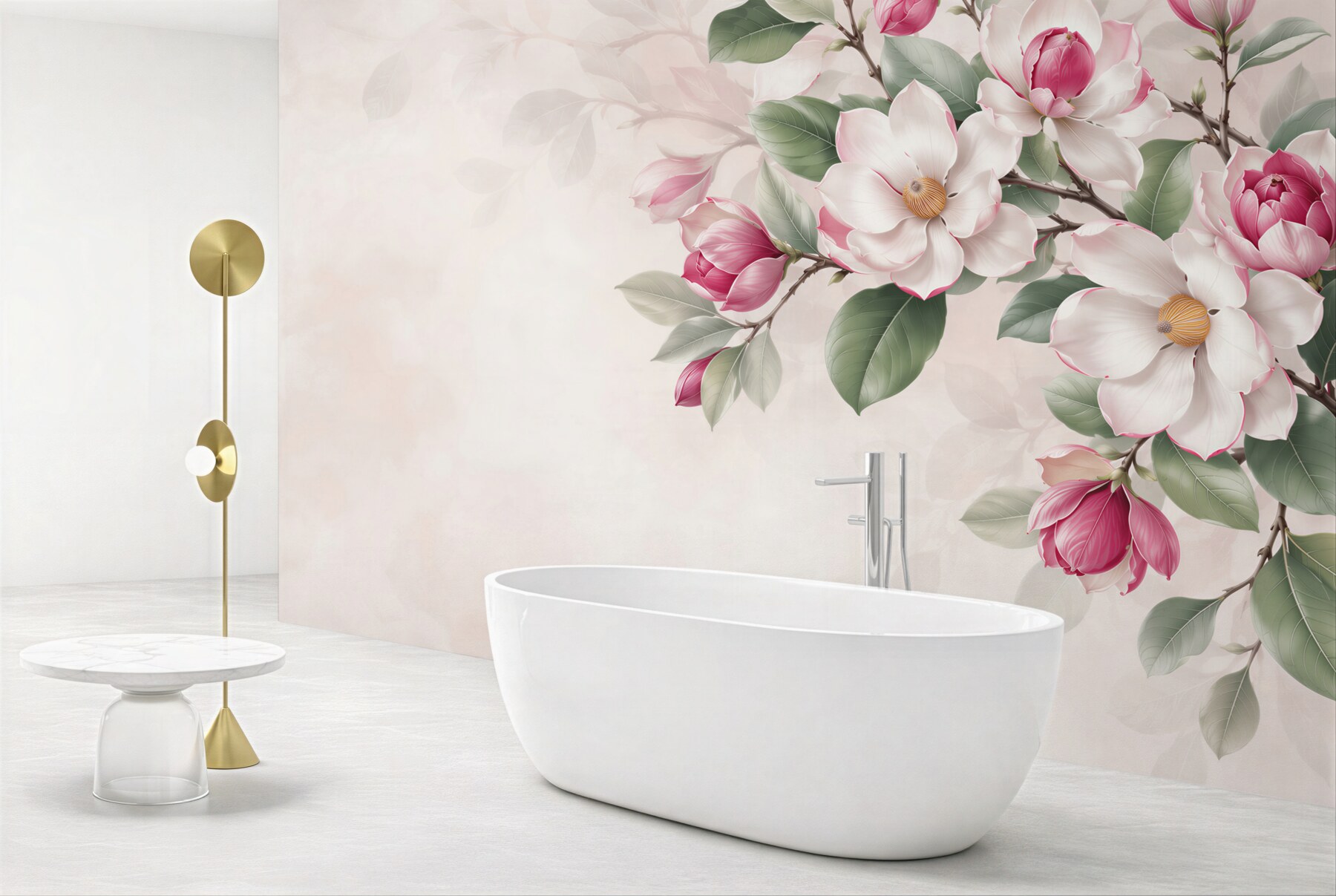 Fototapeta białe i różowe magnolie z zielonymi liśćmi elegancka?v23