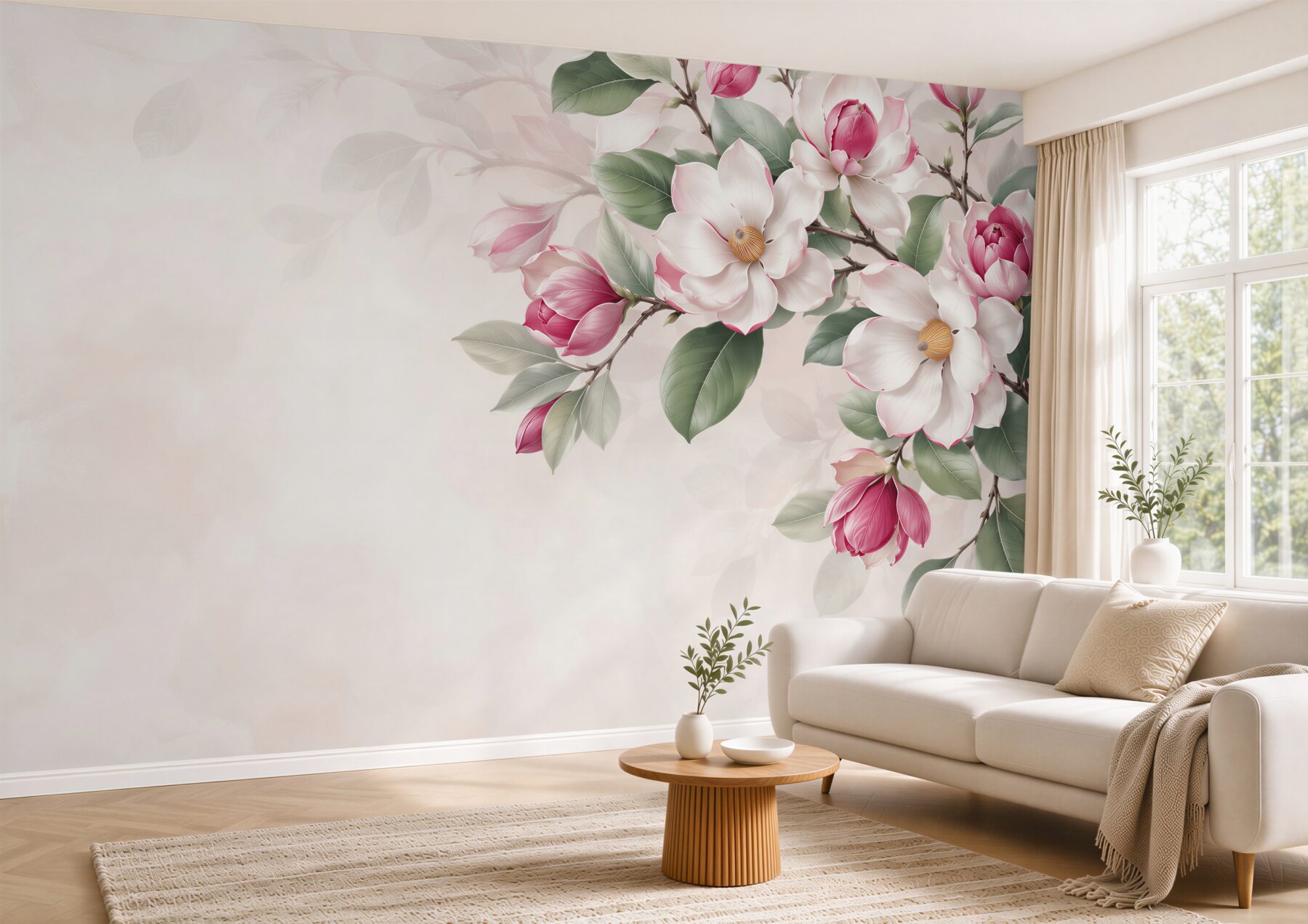 Fototapeta białe i różowe magnolie z zielonymi liśćmi elegancka?v23