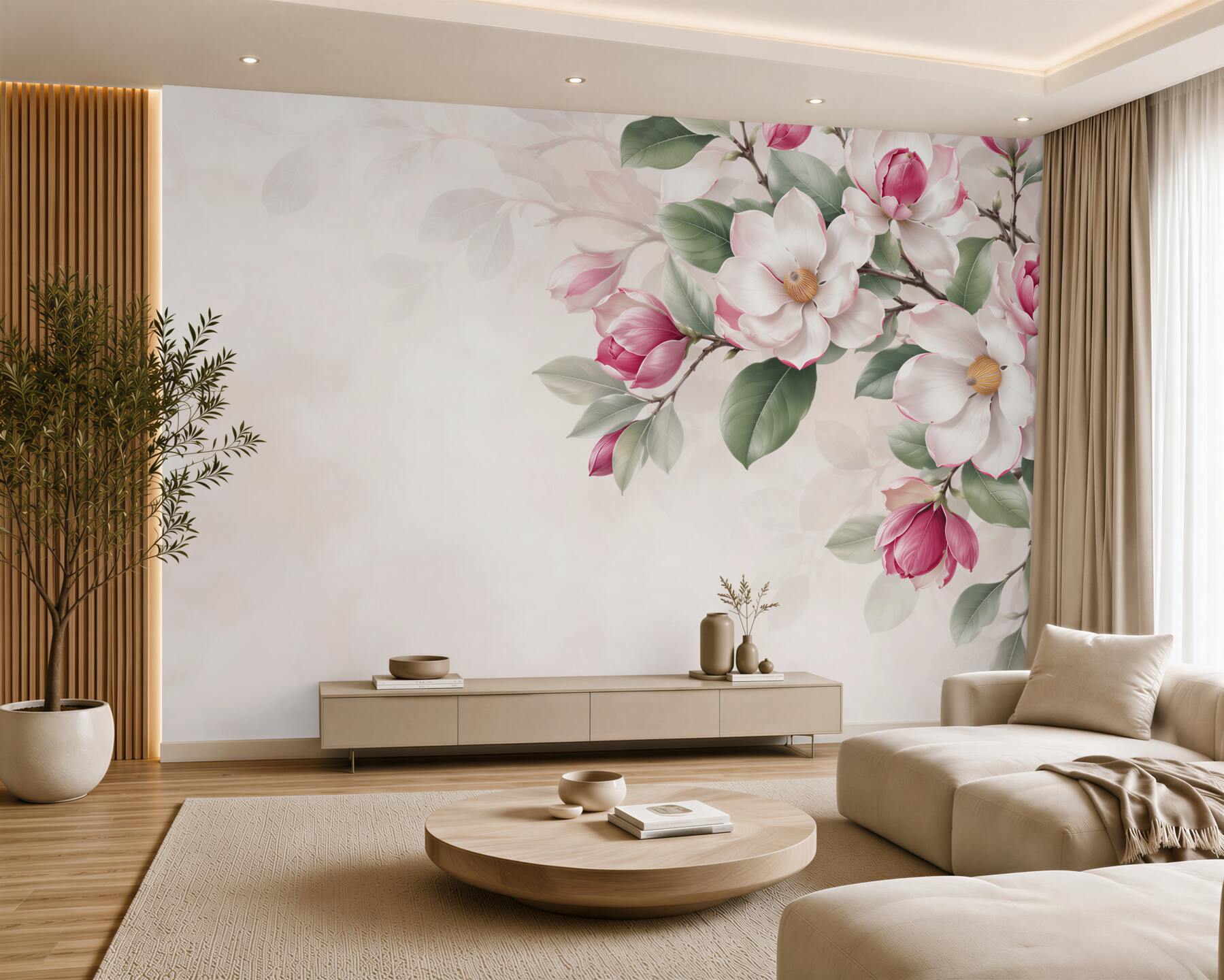 Fototapeta białe i różowe magnolie z zielonymi liśćmi elegancka?v23