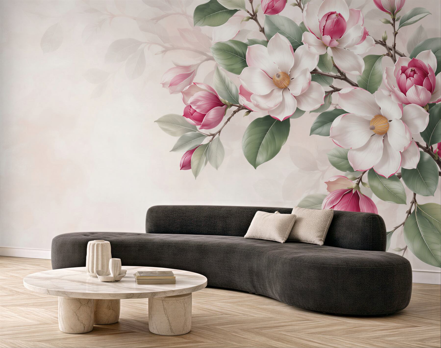 Fototapeta białe i różowe magnolie z zielonymi liśćmi elegancka?v23