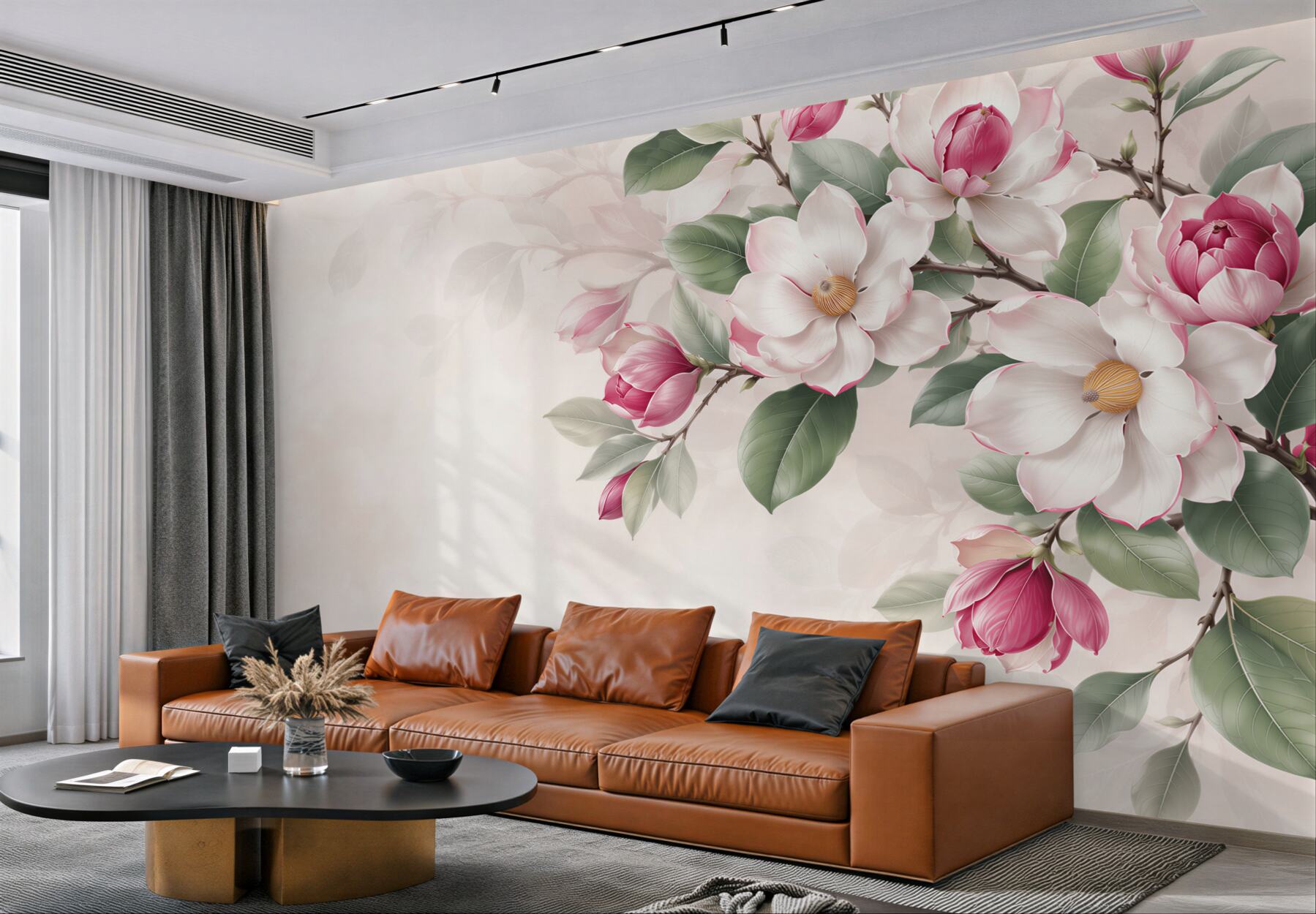 Fototapeta białe i różowe magnolie z zielonymi liśćmi elegancka?v23
