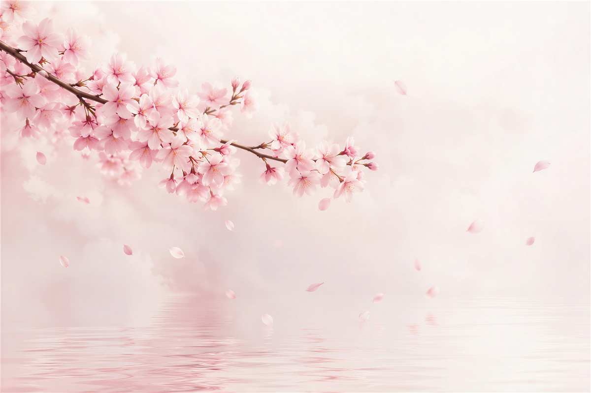 Fototapeta kwitnąca wiśnia różowa nad spokojną wodą do sypialni