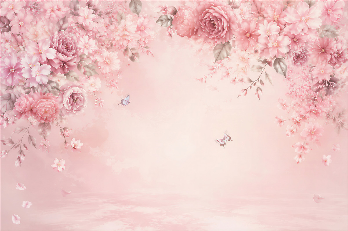 Fototapeta różowe kwiaty peonie i wiśnie z motylami romantyczna