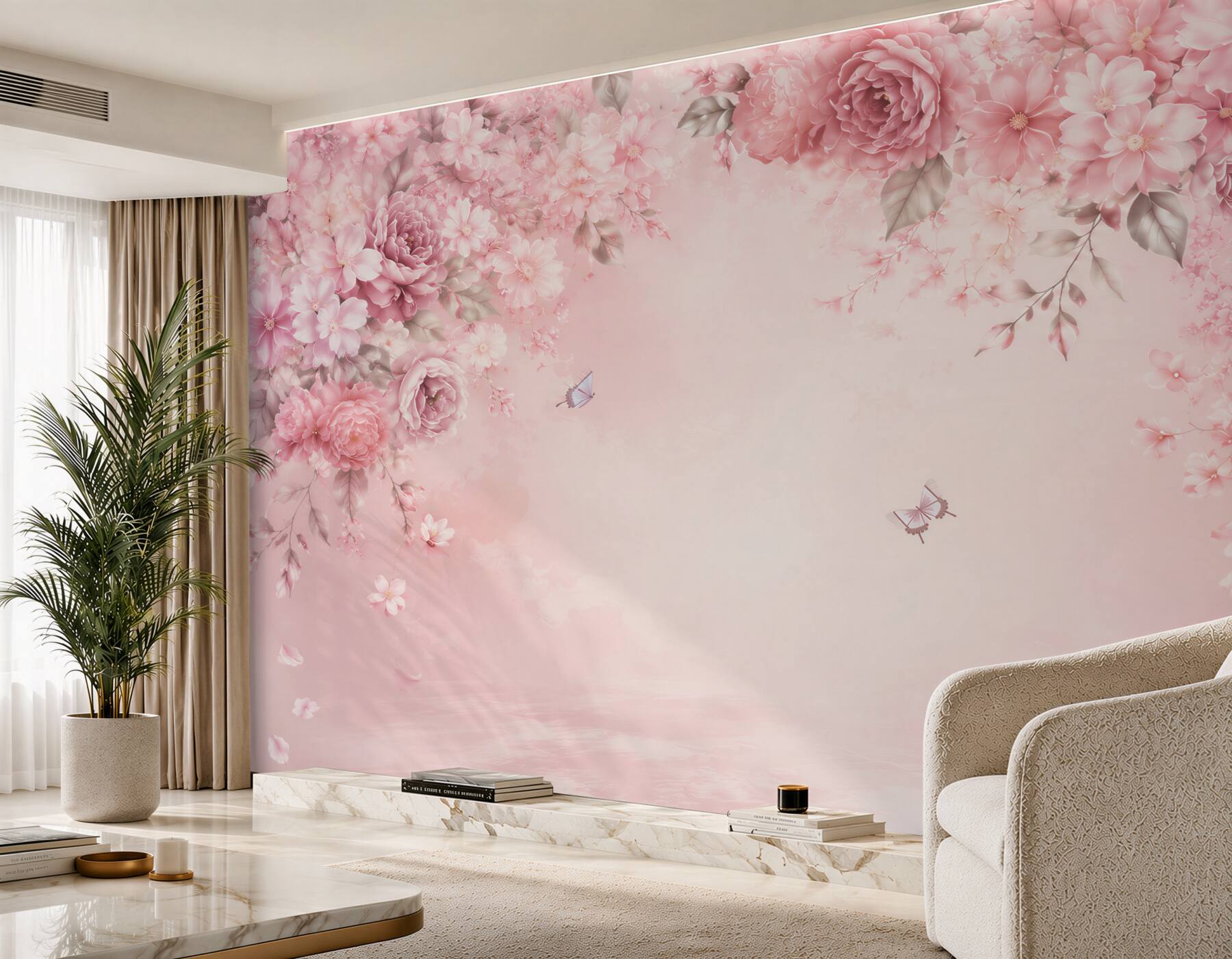 Fototapeta różowe kwiaty peonie i wiśnie z motylami romantyczna?v23