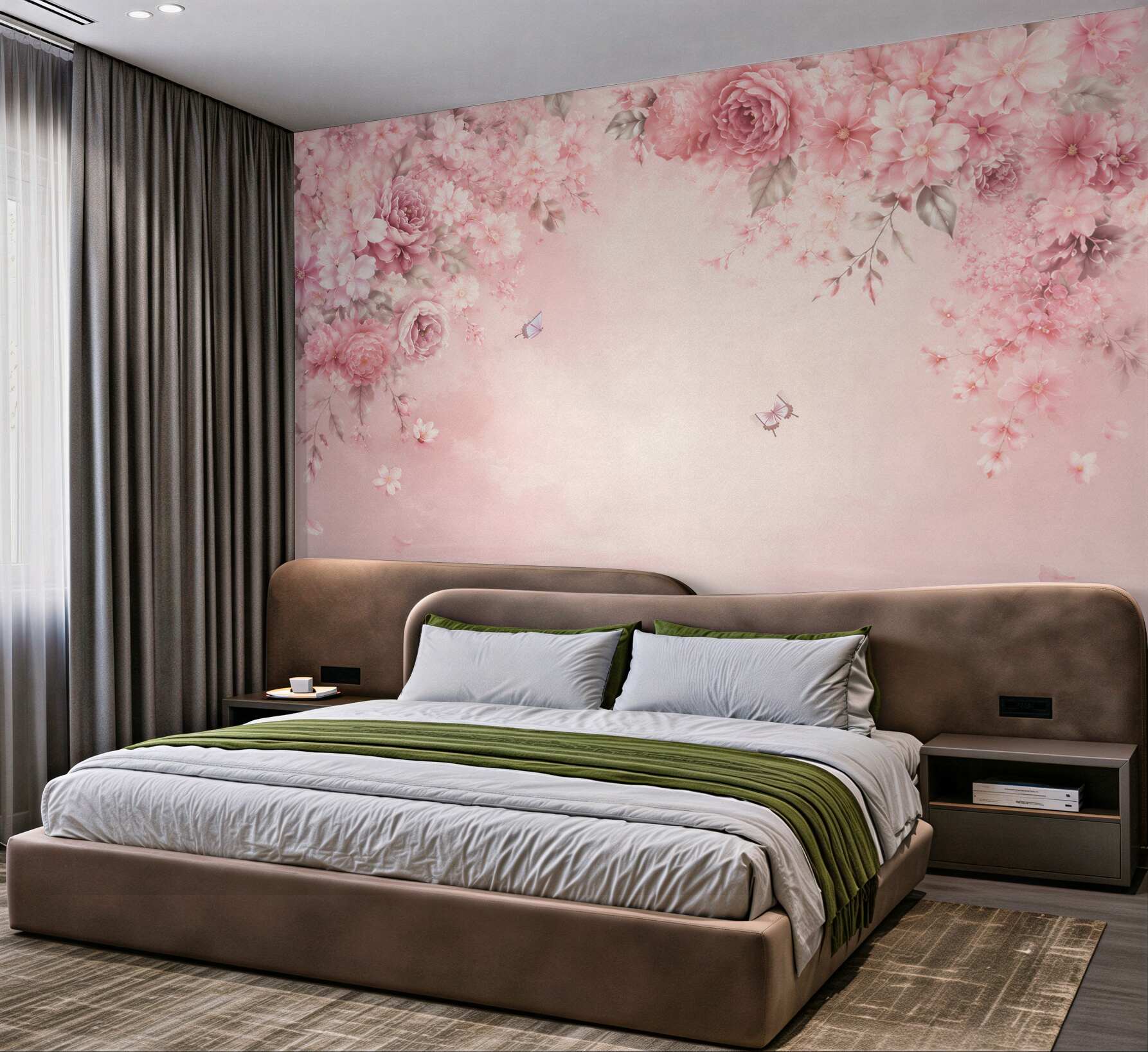 Fototapeta różowe kwiaty peonie i wiśnie z motylami romantyczna?v23
