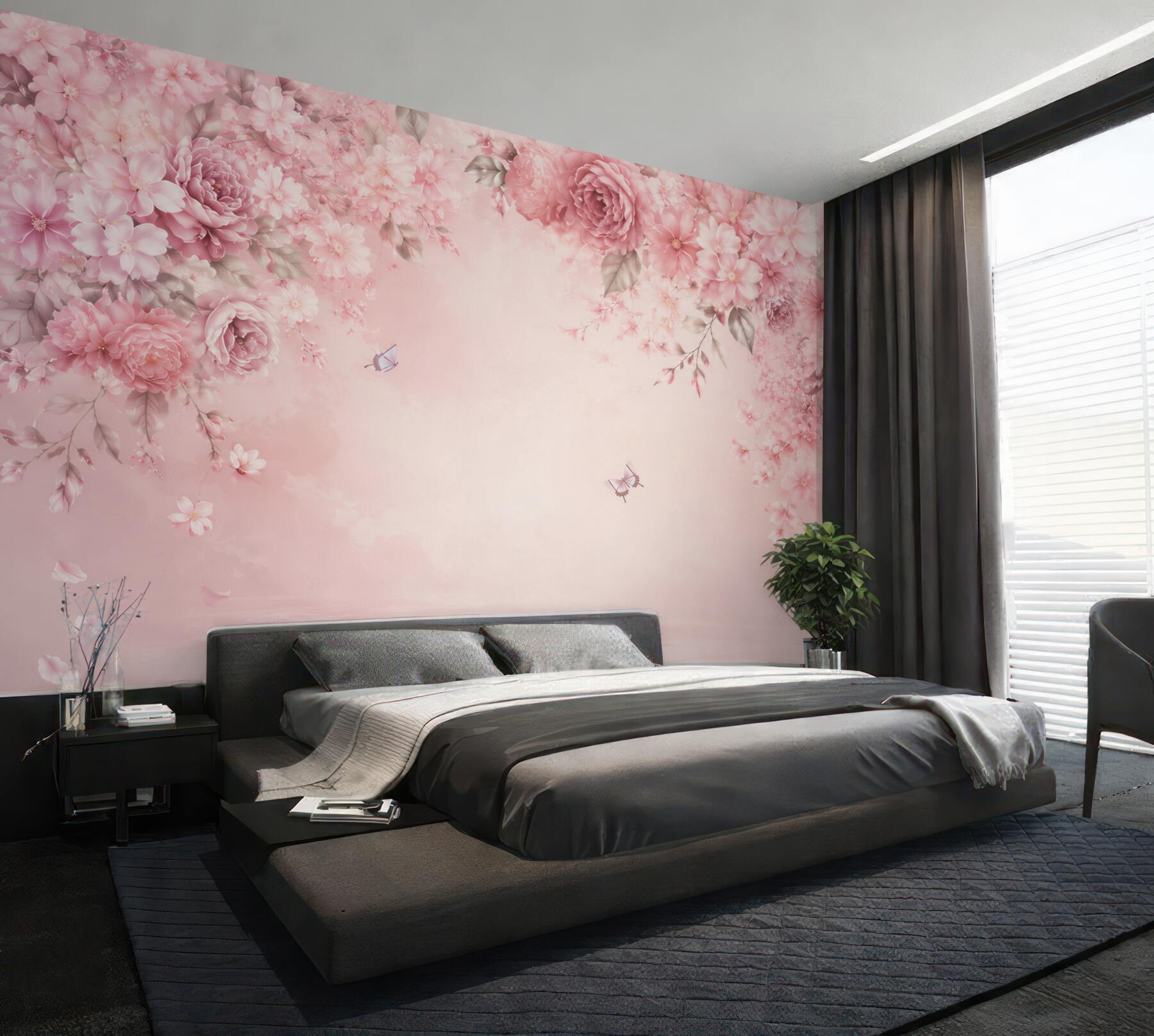 Fototapeta różowe kwiaty peonie i wiśnie z motylami romantyczna?v23