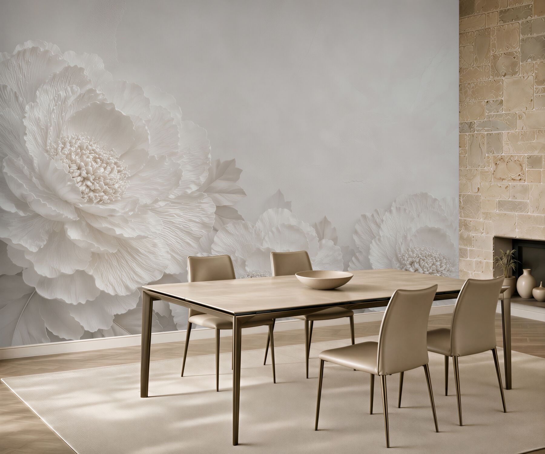 Fototapeta białe piwonie 3D w beżowych tonach elegancka do salonu?v23