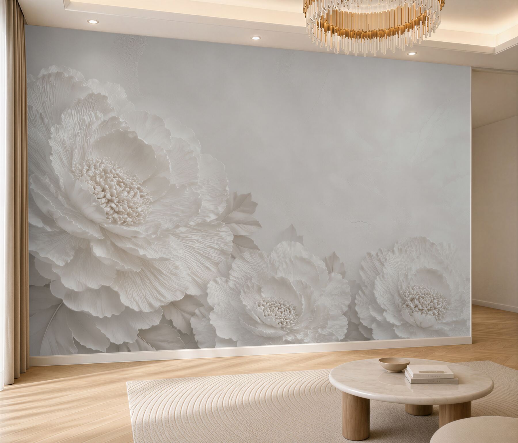 Fototapeta białe piwonie 3D w beżowych tonach elegancka do salonu?v23