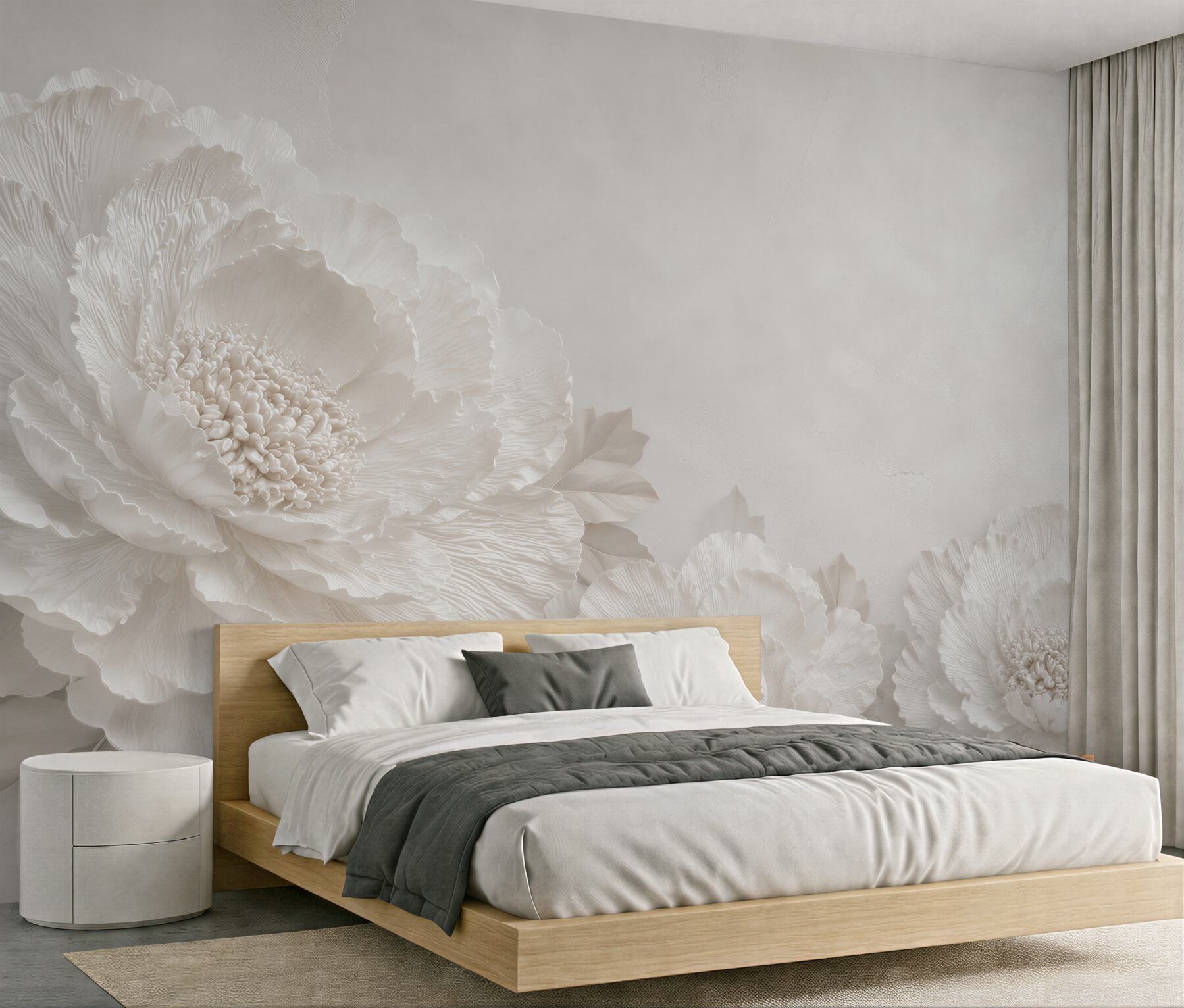 Fototapeta białe piwonie 3D w beżowych tonach elegancka do salonu?v23