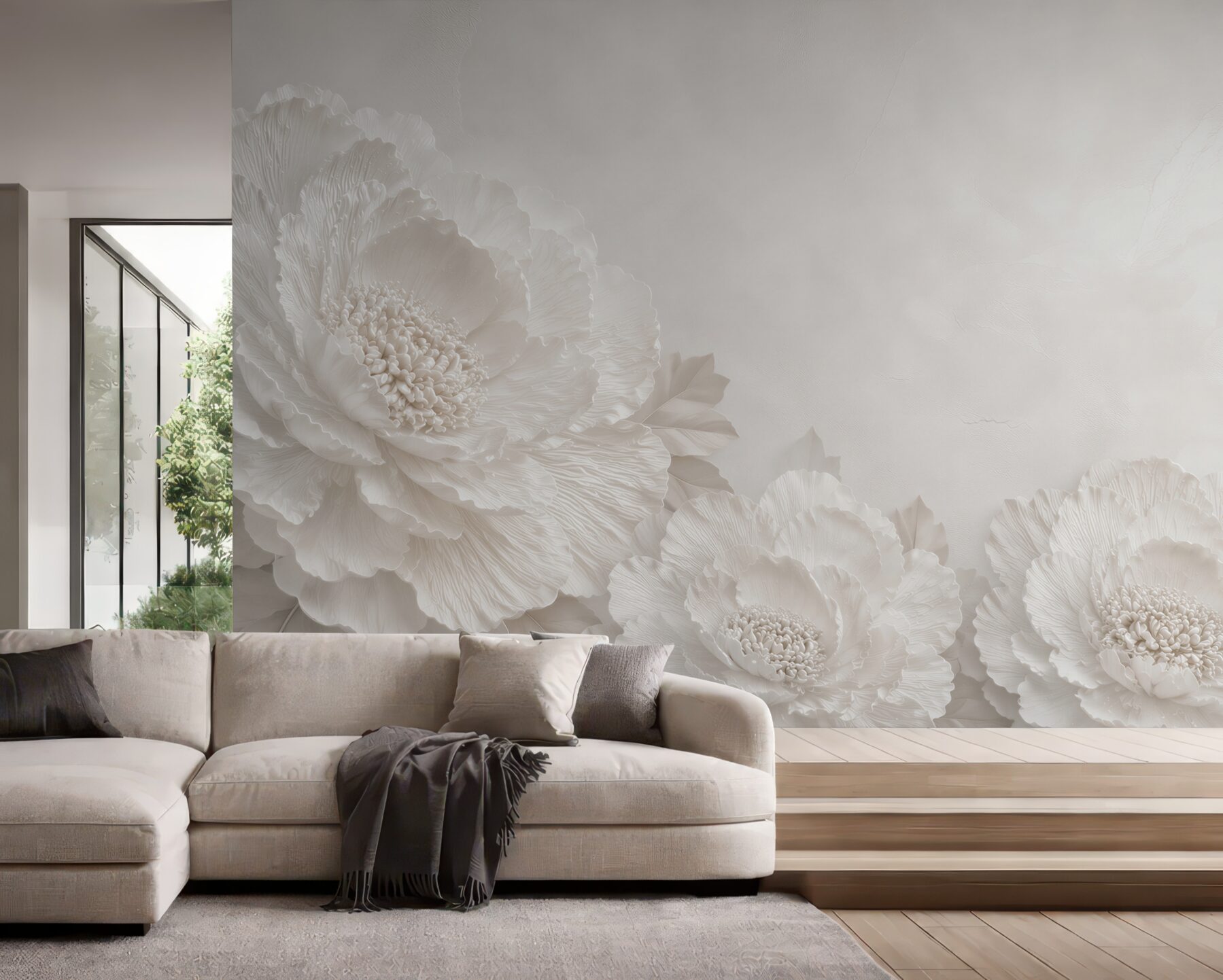 Fototapeta białe piwonie 3D w beżowych tonach elegancka do salonu?v23