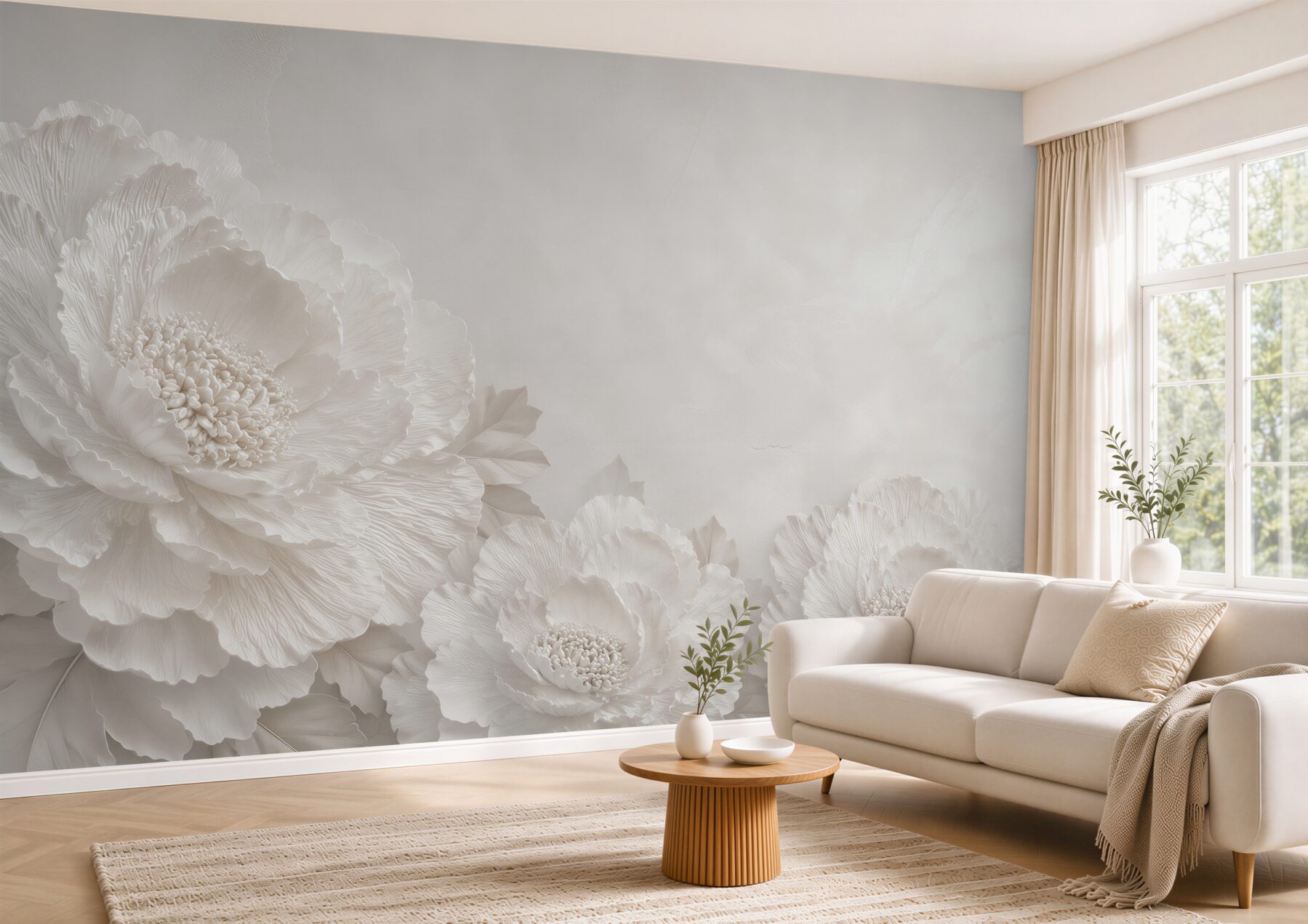 Fototapeta białe piwonie 3D w beżowych tonach elegancka do salonu?v23