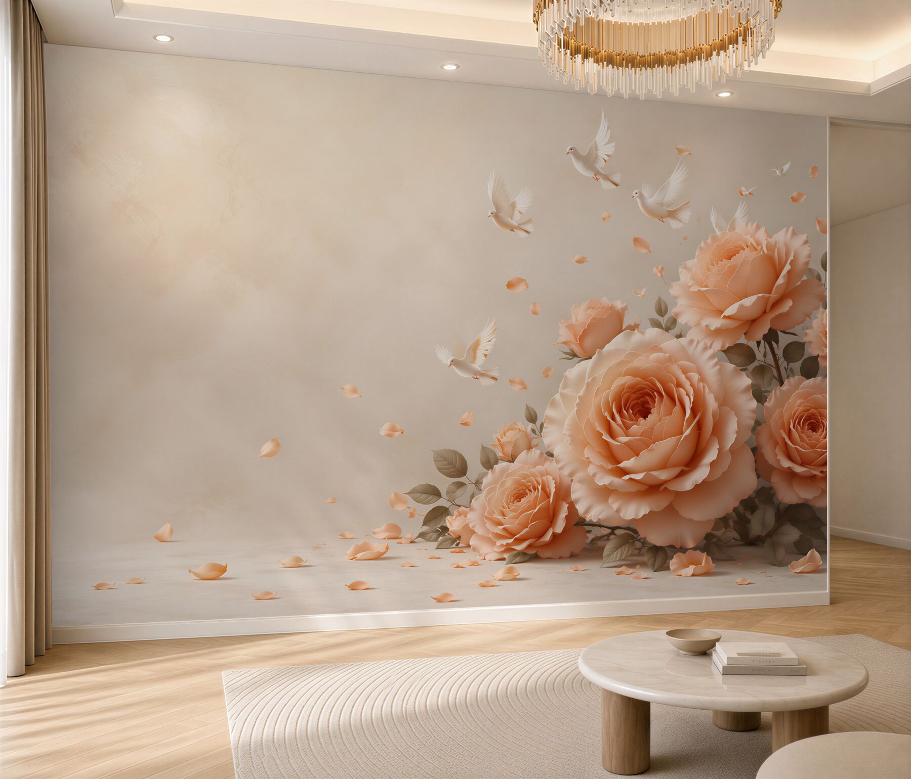 Fototapeta róże brzoskwiniowe z białymi gołębiami elegancka do salonu?v23