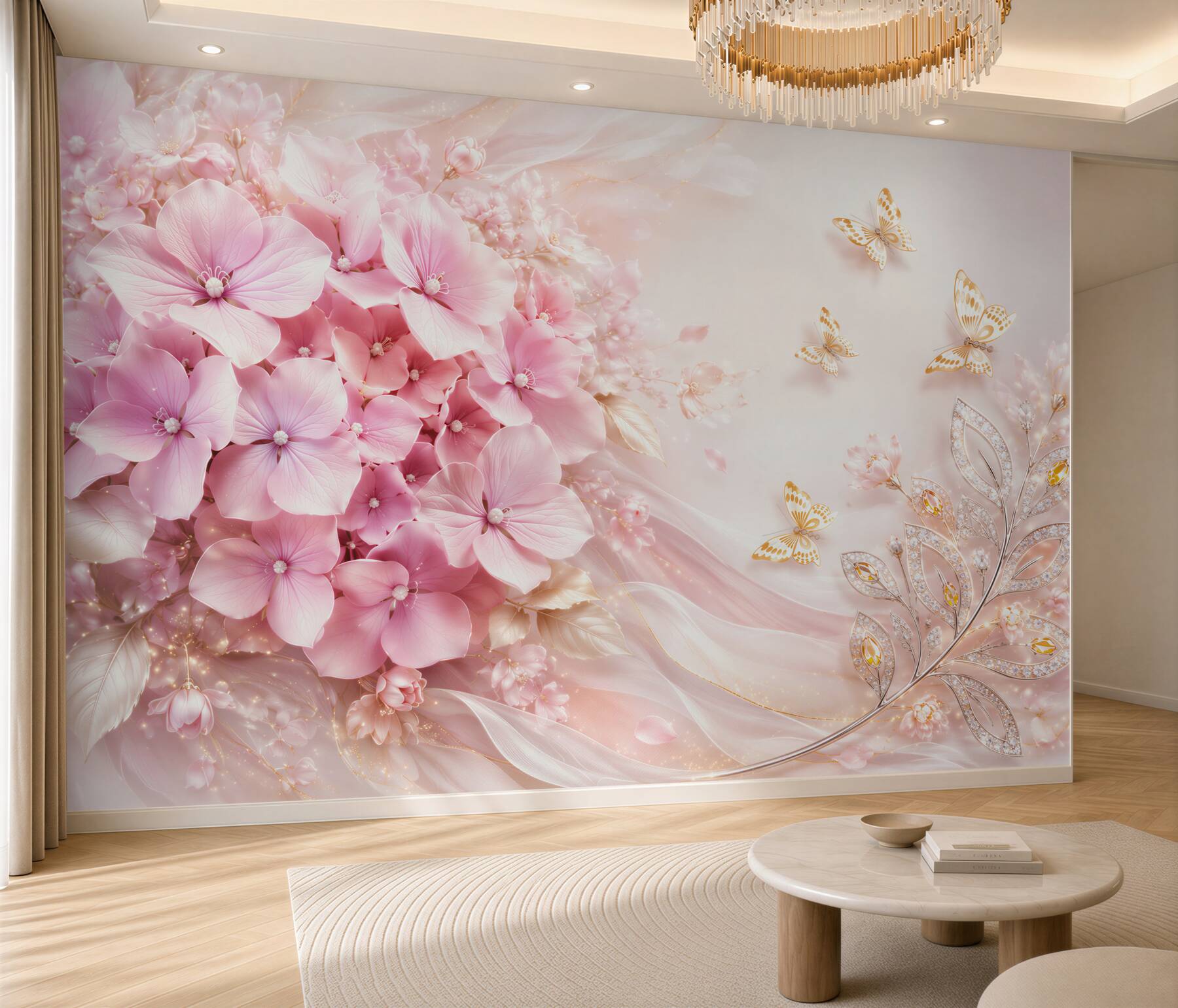 Fototapeta różowe hortensje z motylami elegancka pastelowa kompozycja?v23