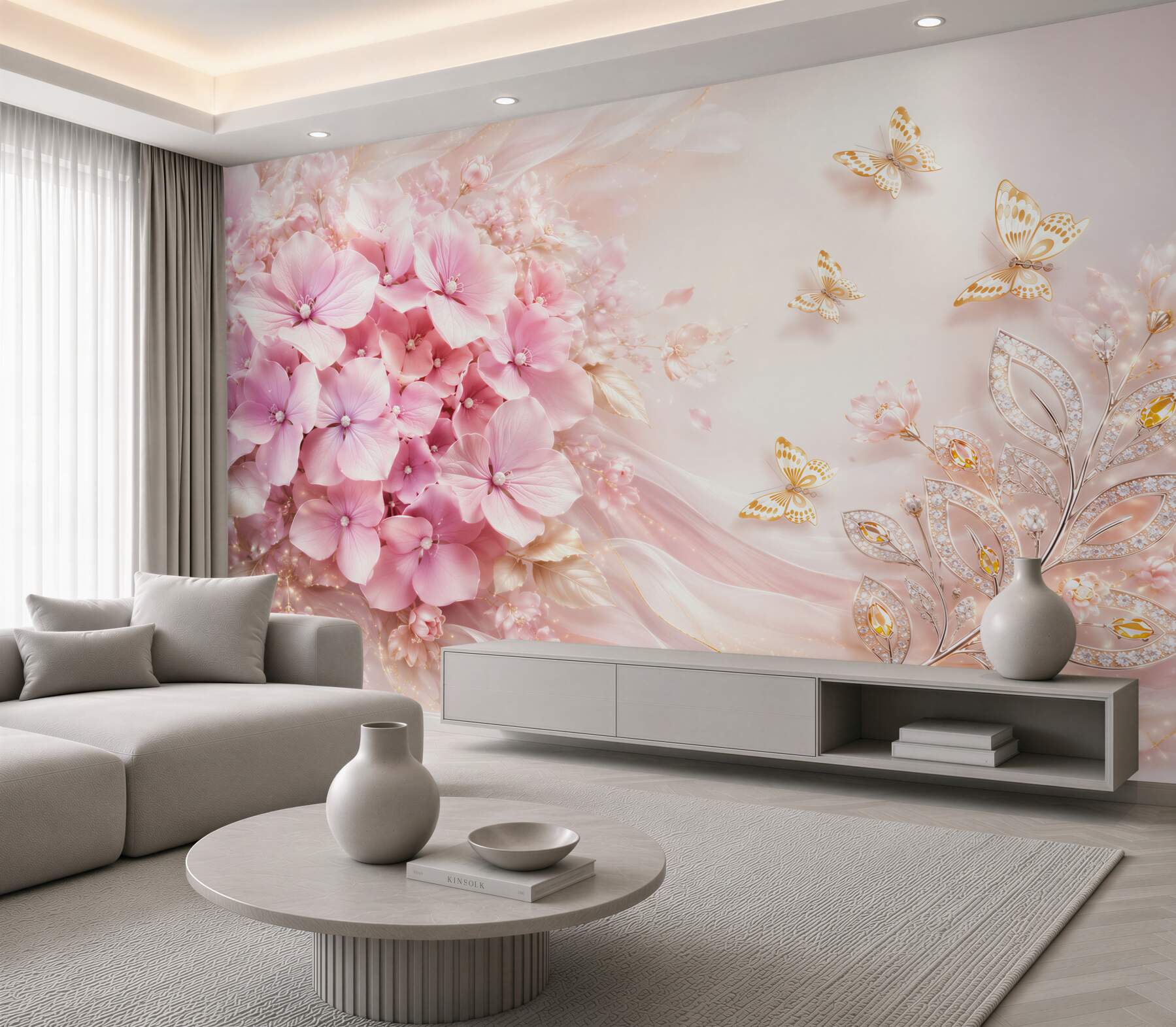 Fototapeta różowe hortensje z motylami elegancka pastelowa kompozycja?v23