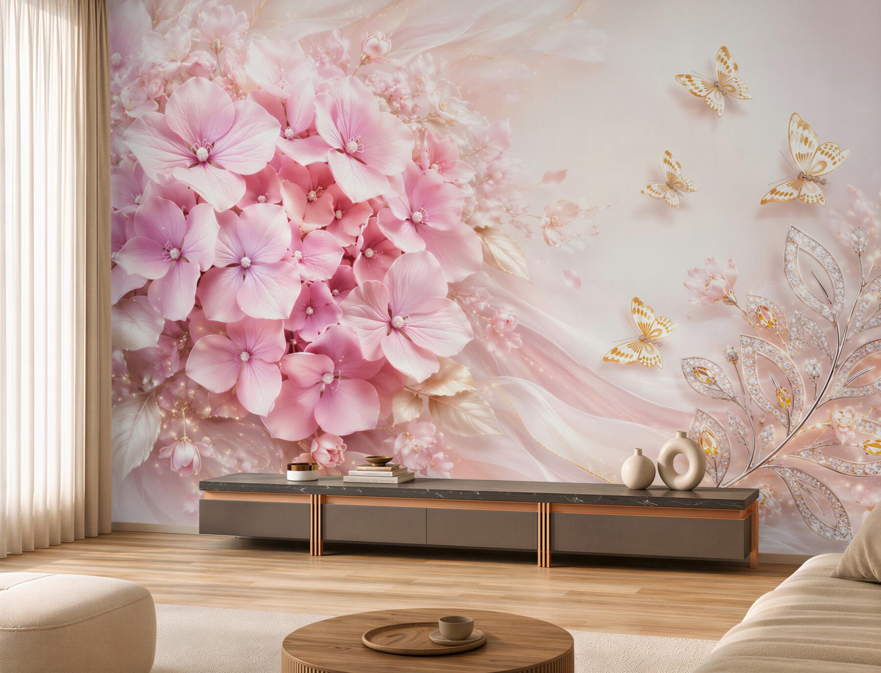 Fototapeta różowe hortensje z motylami elegancka pastelowa kompozycja?v23