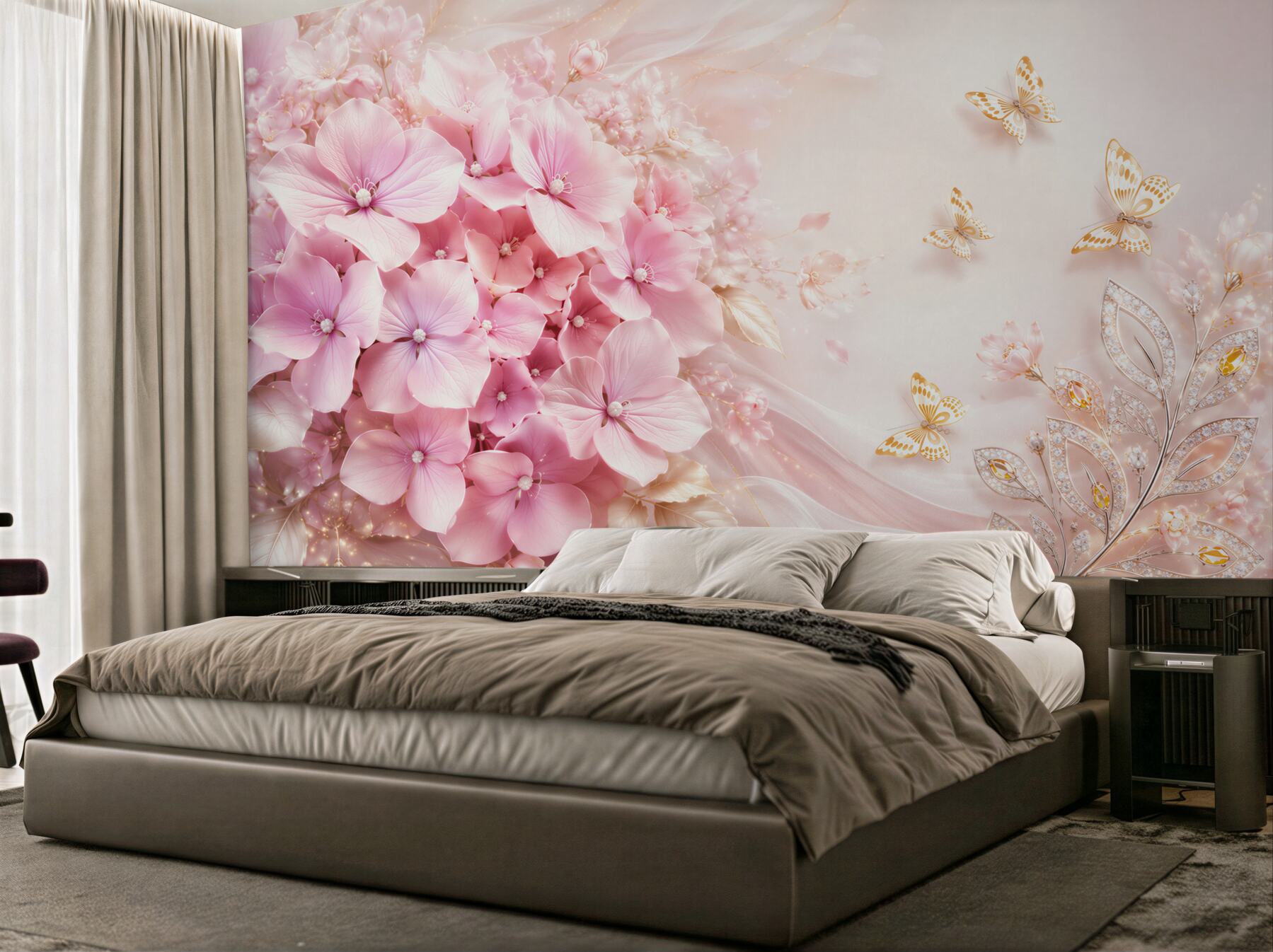 Fototapeta różowe hortensje z motylami elegancka pastelowa kompozycja?v23