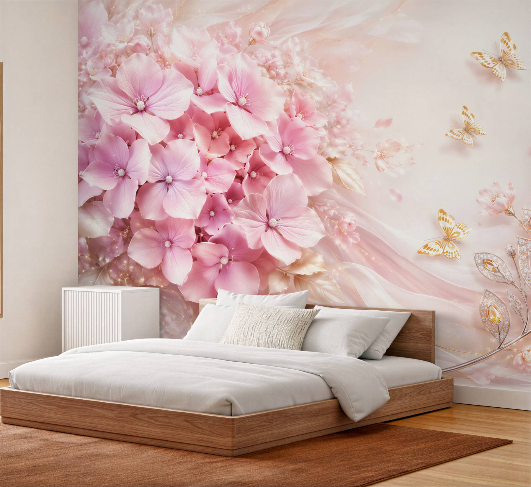 Fototapeta różowe hortensje z motylami elegancka pastelowa kompozycja?v23
