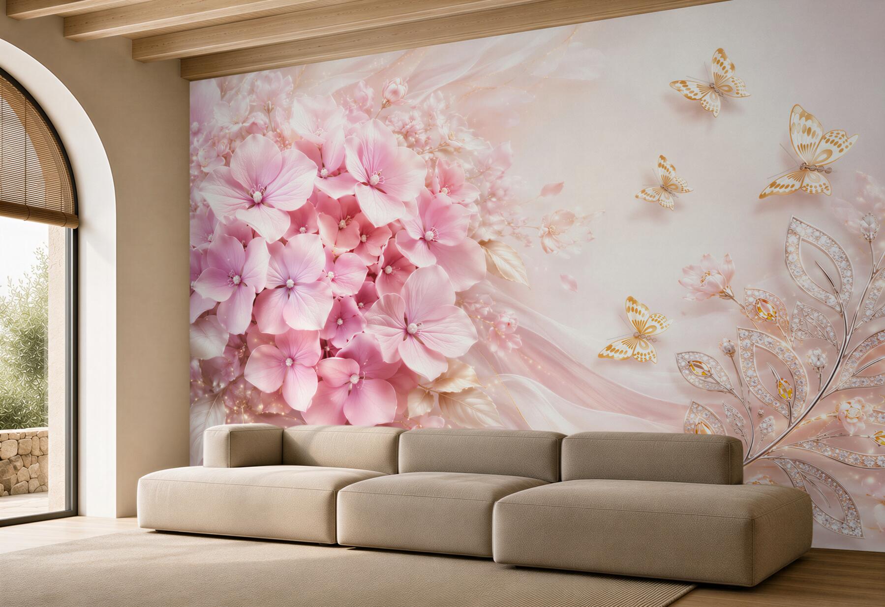 Fototapeta różowe hortensje z motylami elegancka pastelowa kompozycja?v23