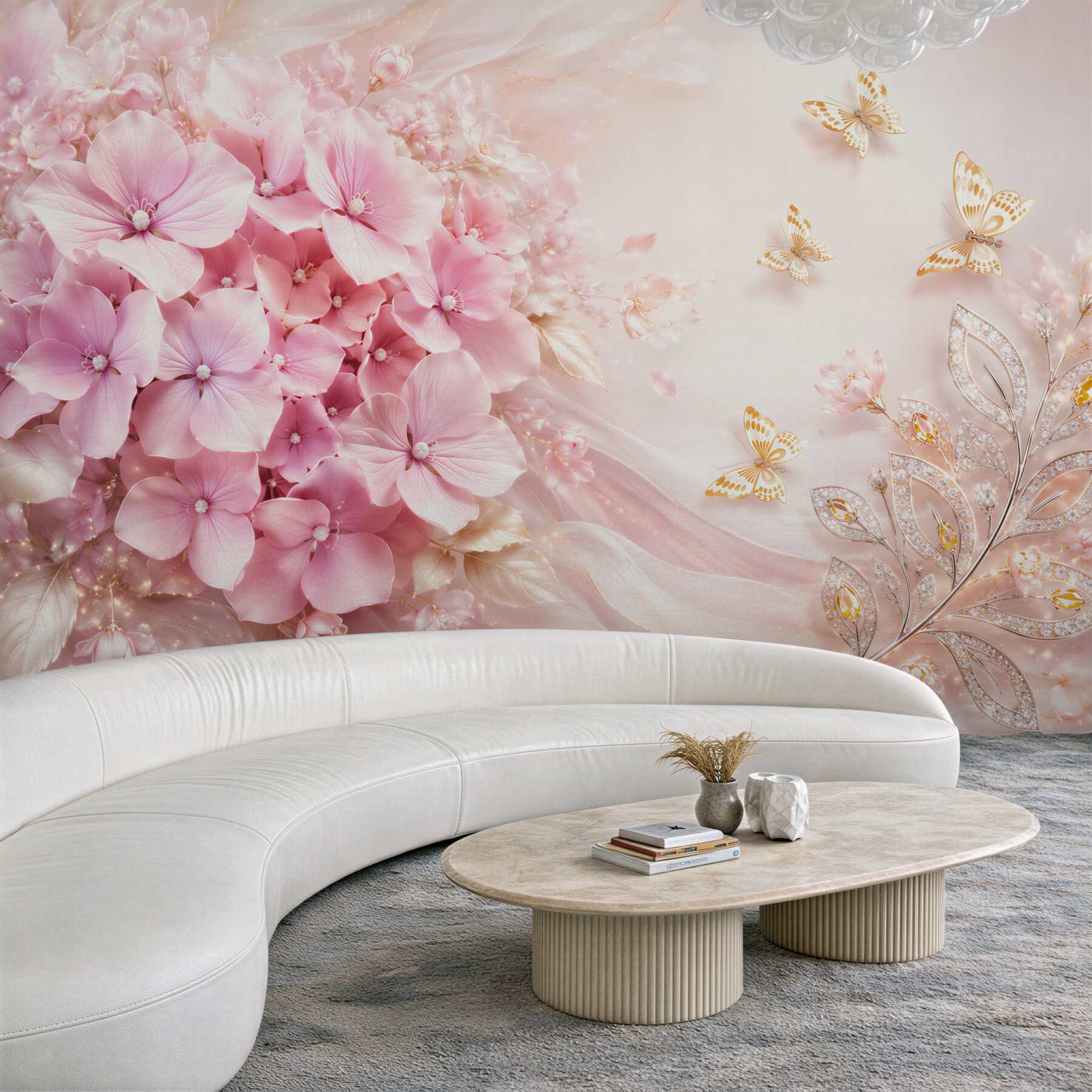 Fototapeta różowe hortensje z motylami elegancka pastelowa kompozycja?v23