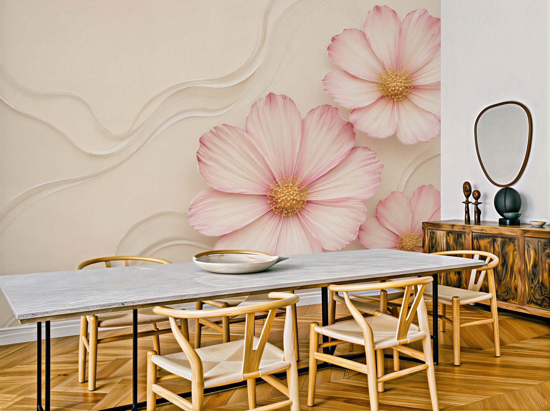 Fototapeta różowe kwiaty 3D na beżowym tle elegancka?v23