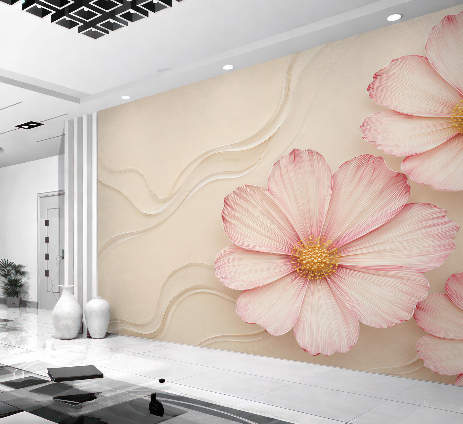 Fototapeta różowe kwiaty 3D na beżowym tle elegancka?v23