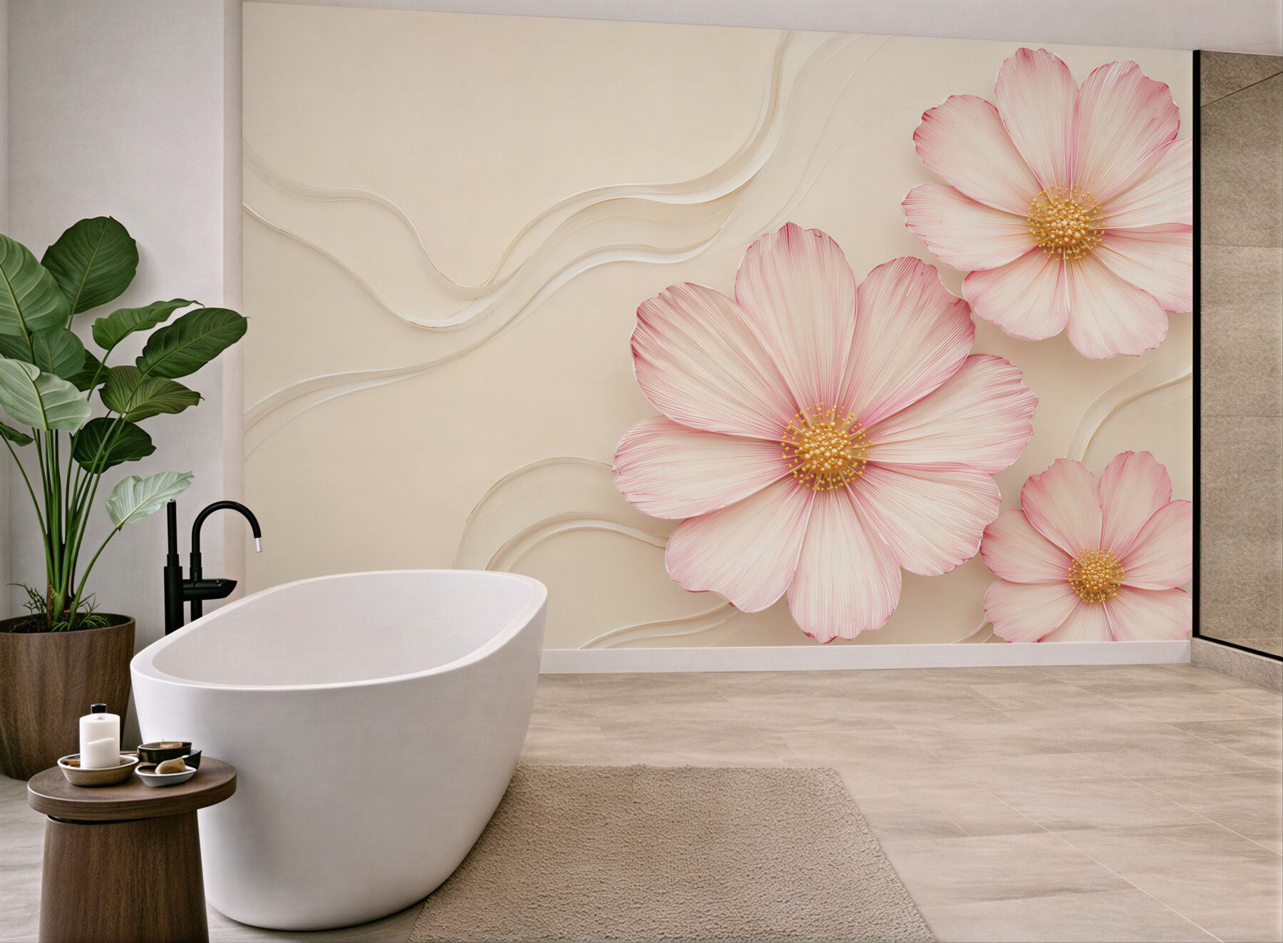 Fototapeta różowe kwiaty 3D na beżowym tle elegancka?v23