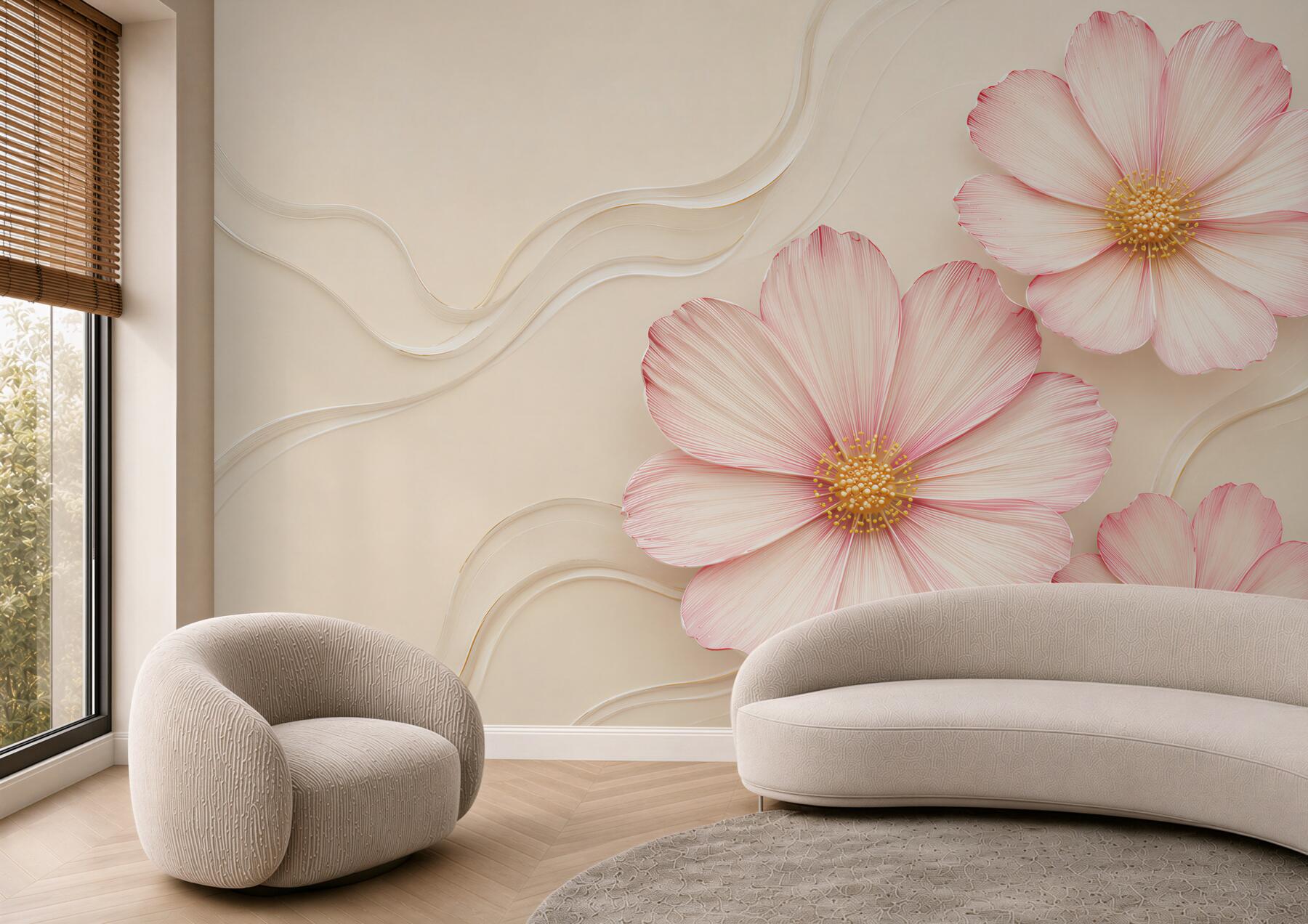 Fototapeta różowe kwiaty 3D na beżowym tle elegancka?v23