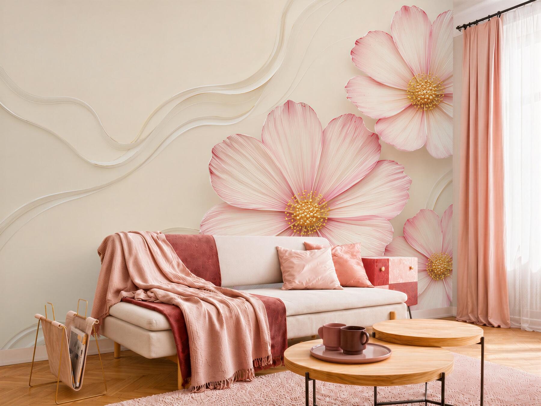 Fototapeta różowe kwiaty 3D na beżowym tle elegancka?v23