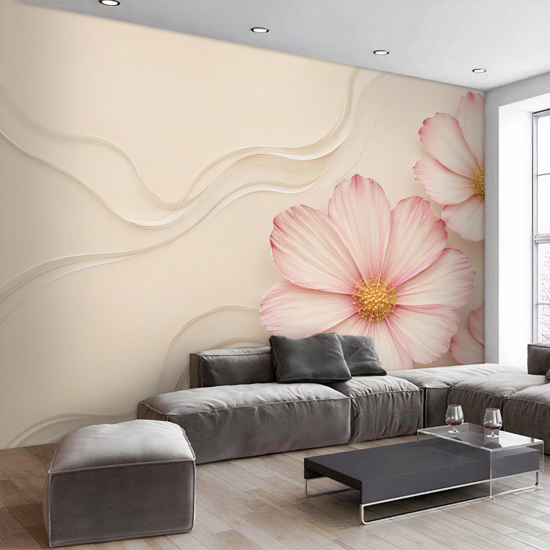 Fototapeta różowe kwiaty 3D na beżowym tle elegancka?v23