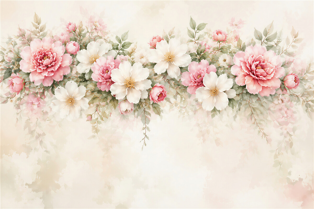 Fototapeta różowe i białe peonie akwarelowe na jasnym tle