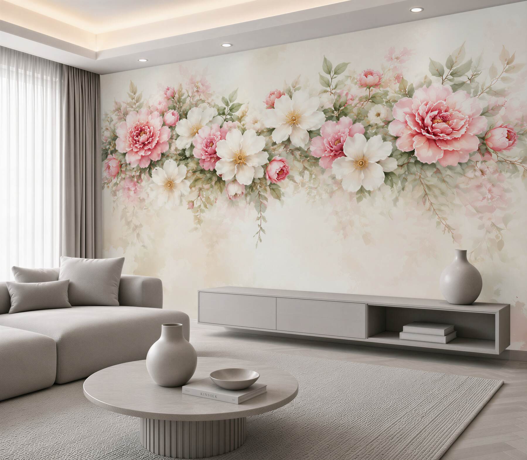 Fototapeta różowe i białe peonie akwarelowe na jasnym tle?v23
