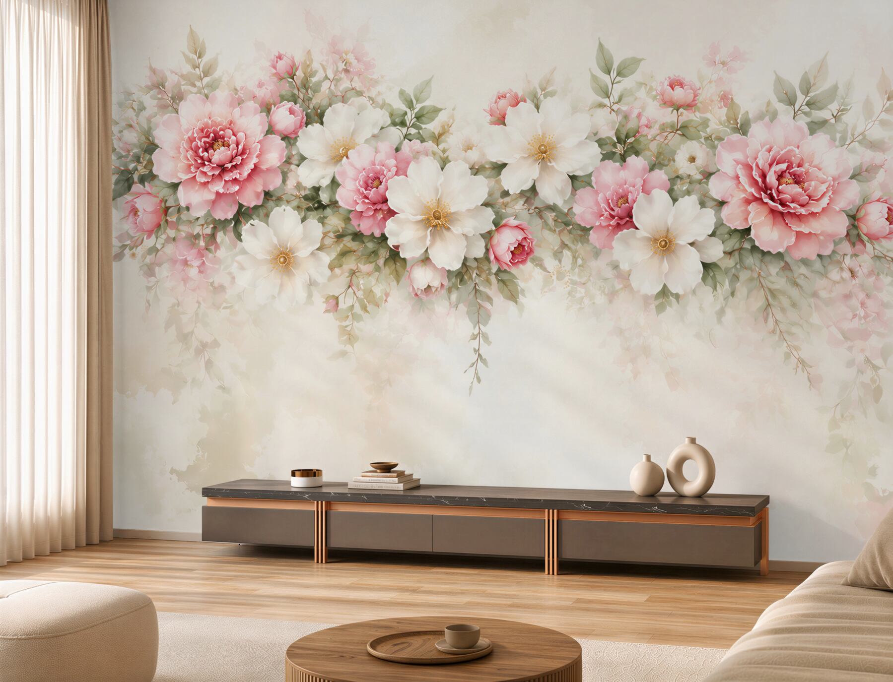 Fototapeta różowe i białe peonie akwarelowe na jasnym tle?v23