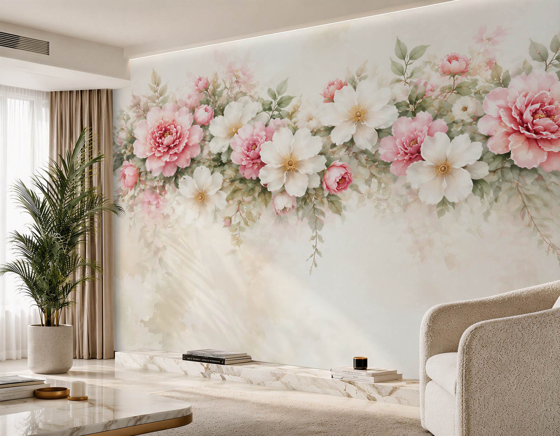 Fototapeta różowe i białe peonie akwarelowe na jasnym tle?v23