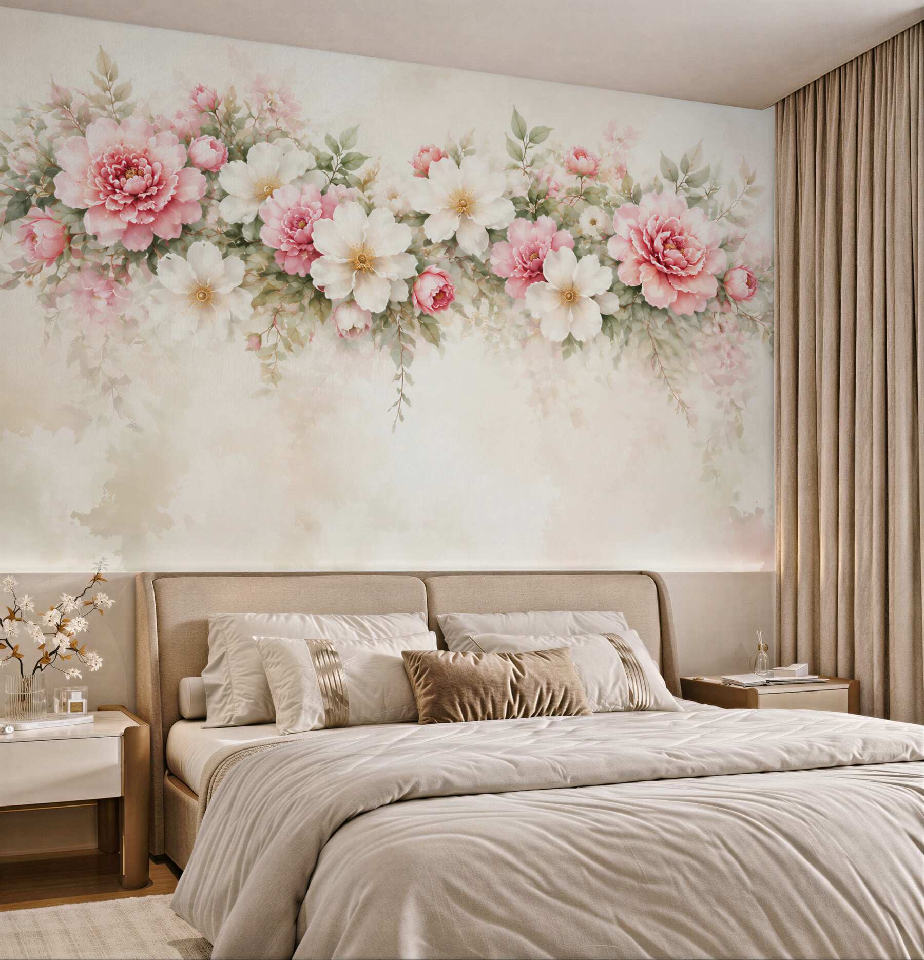 Fototapeta różowe i białe peonie akwarelowe na jasnym tle?v23
