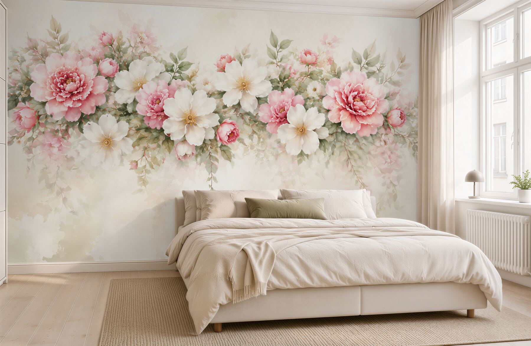 Fototapeta różowe i białe peonie akwarelowe na jasnym tle?v23