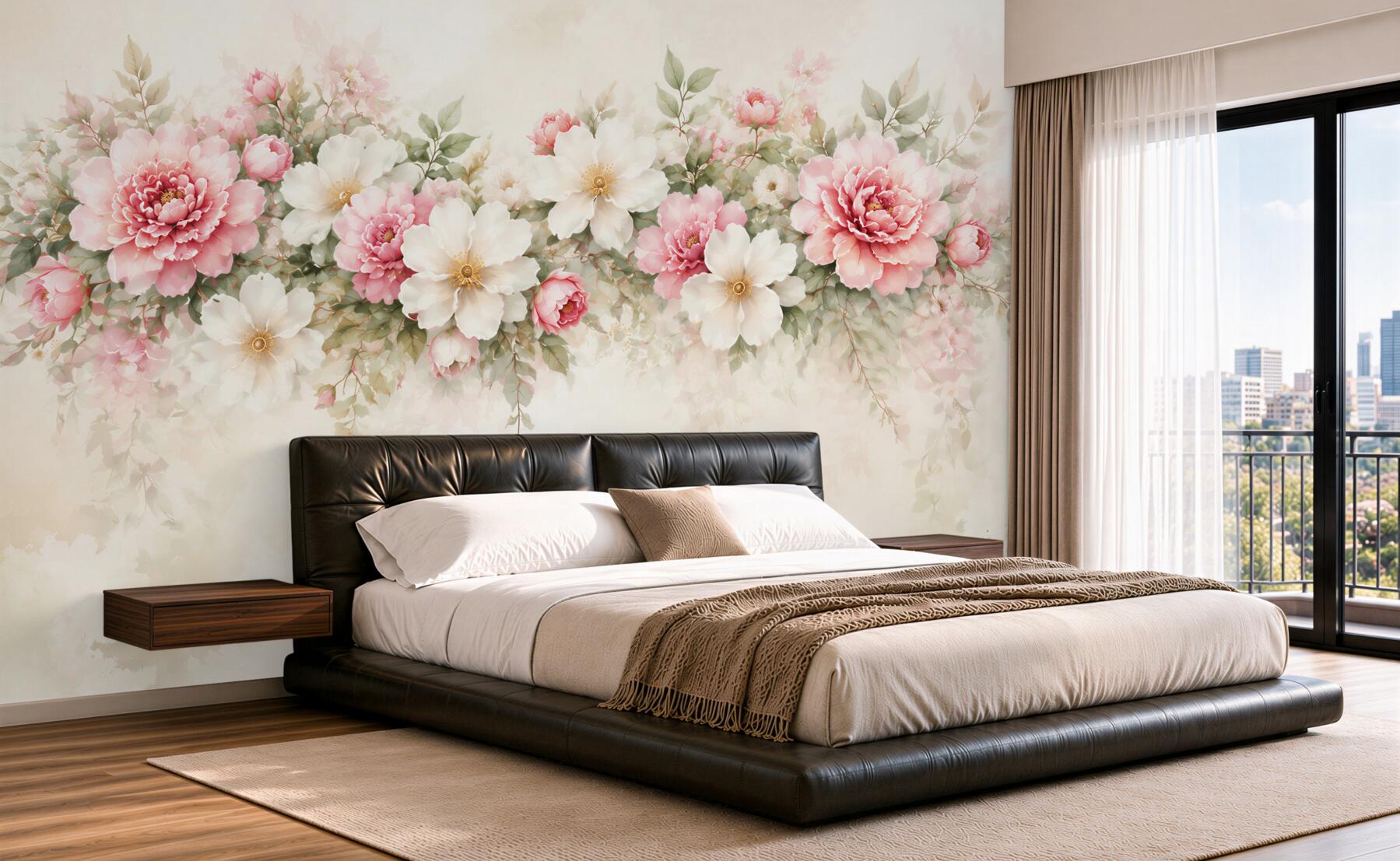 Fototapeta różowe i białe peonie akwarelowe na jasnym tle?v23