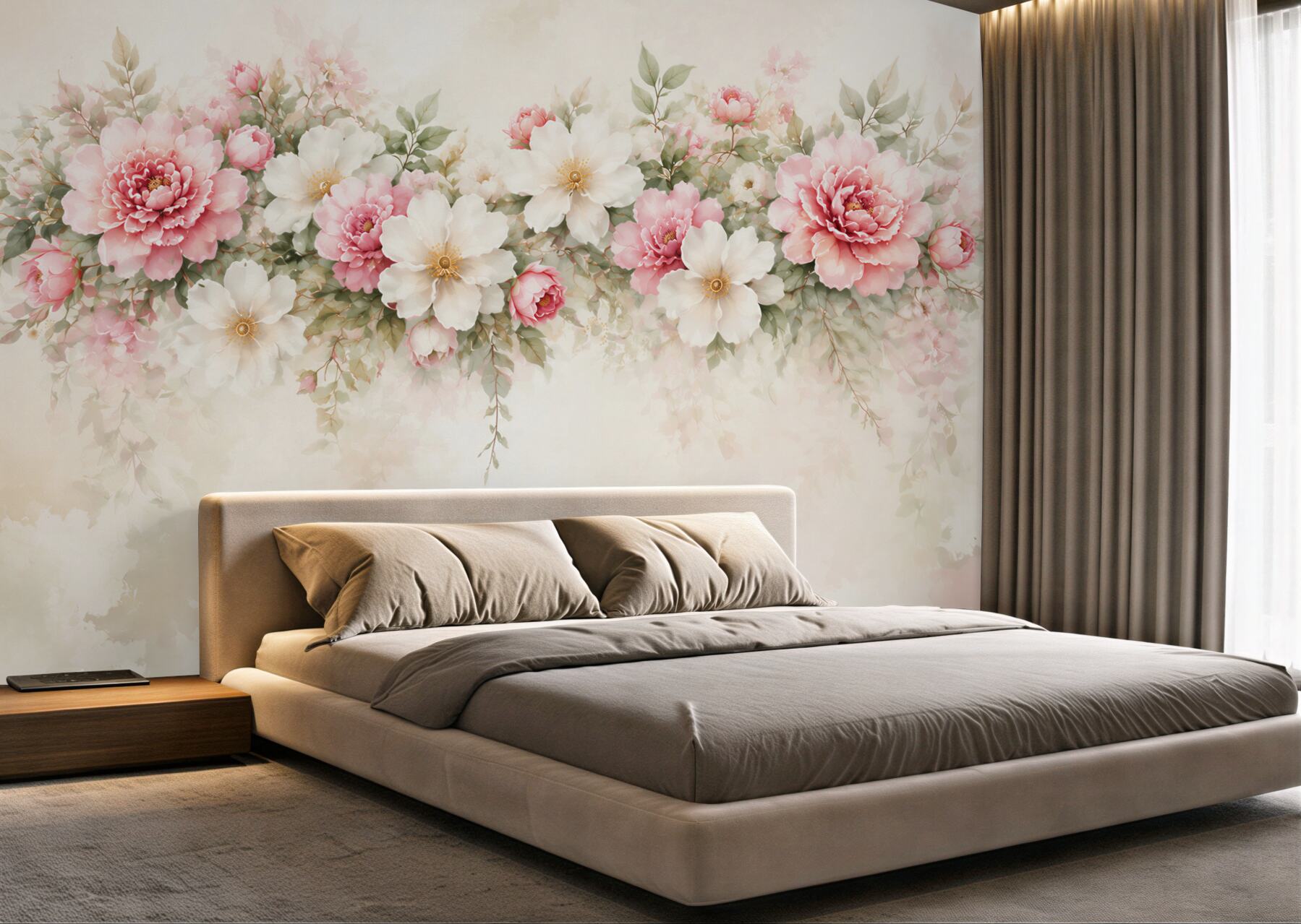 Fototapeta różowe i białe peonie akwarelowe na jasnym tle?v23