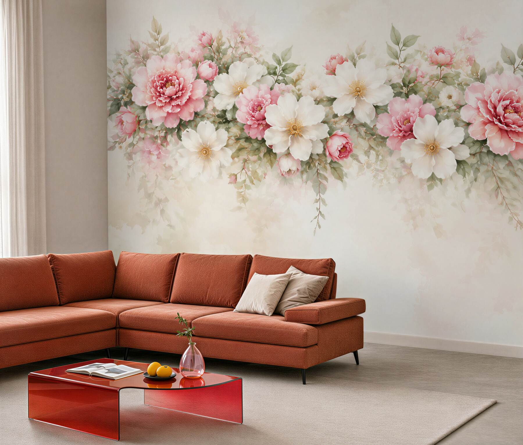Fototapeta różowe i białe peonie akwarelowe na jasnym tle?v23