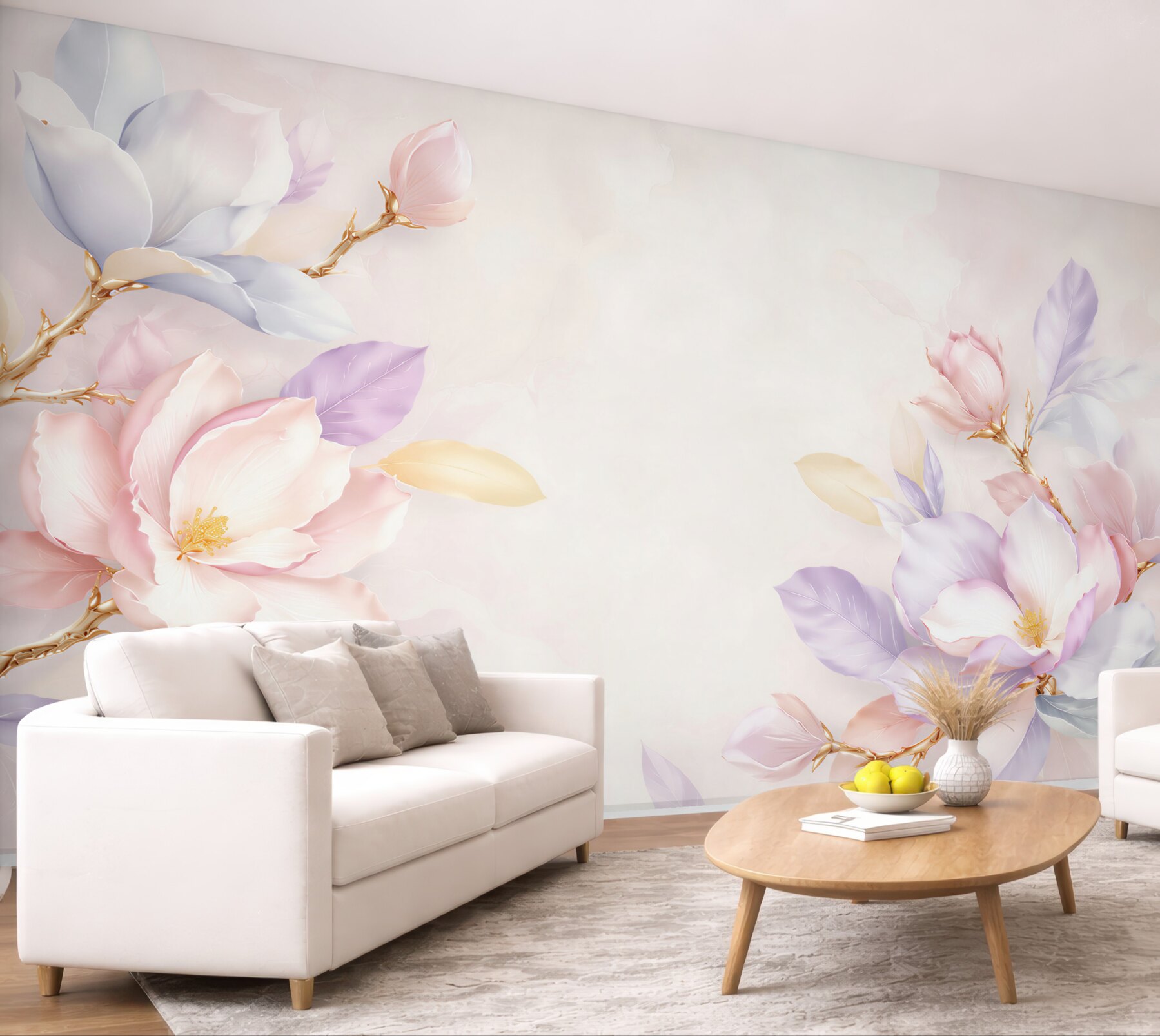 Fototapeta pastelowe magnolie z liliowymi liśćmi romantyczna do sypialni?v23