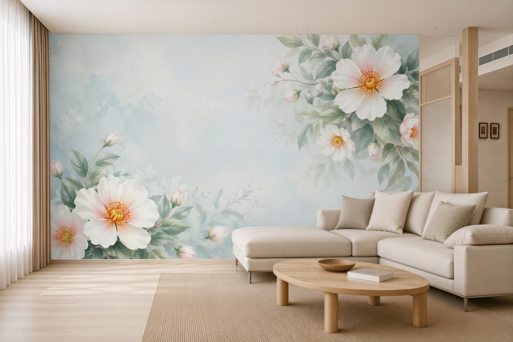 Fototapeta białe kwiaty na błękitnym tle delikatna pastelowa do sypialni?v23
