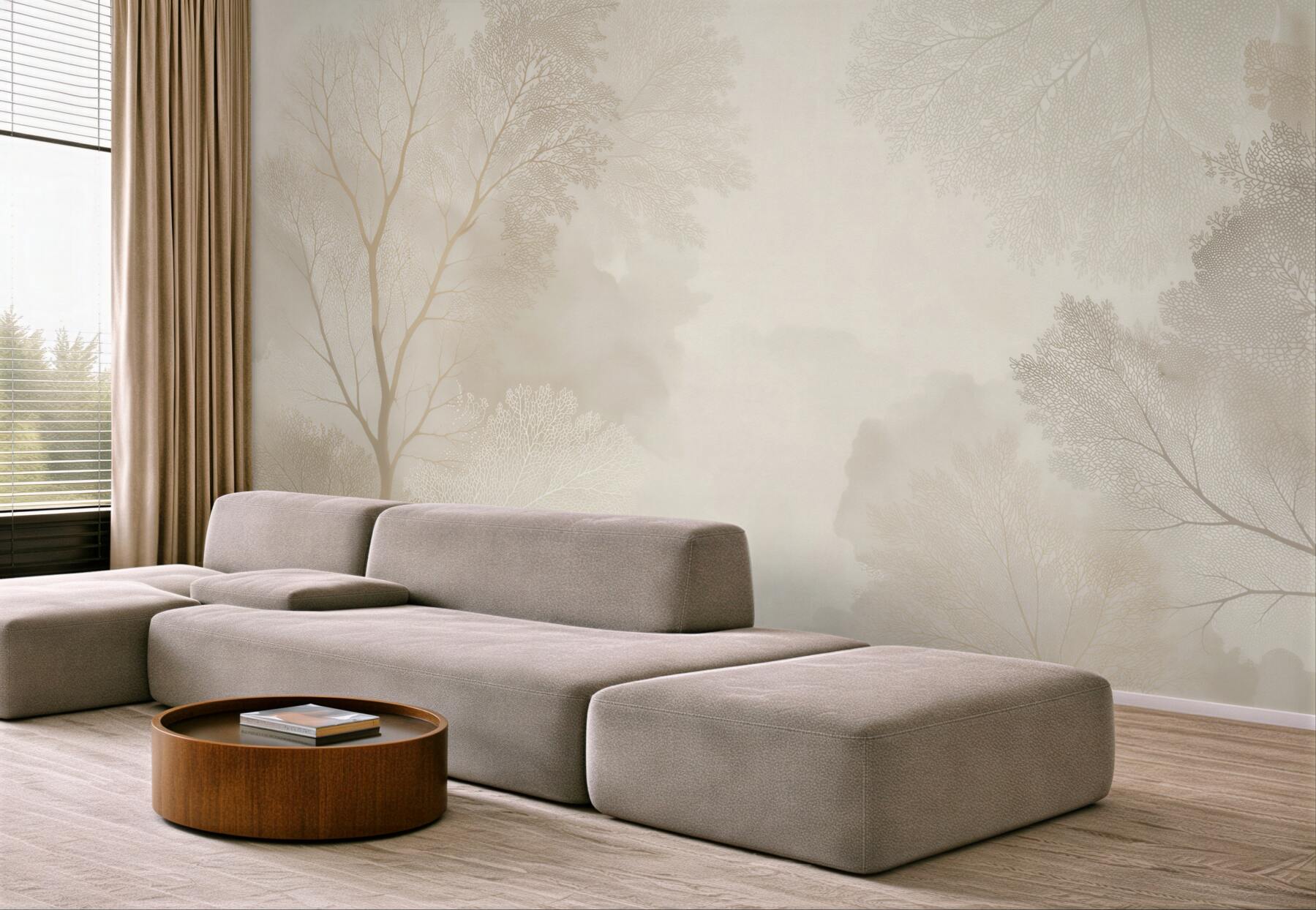 Fototapeta delikatne drzewa beżowe we mgle do spokojnego wnętrza?v23