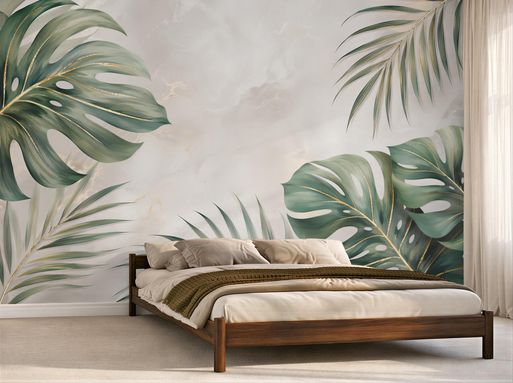 Fototapeta monstera i liście palmowe zielone ze złotymi akcentami?v23